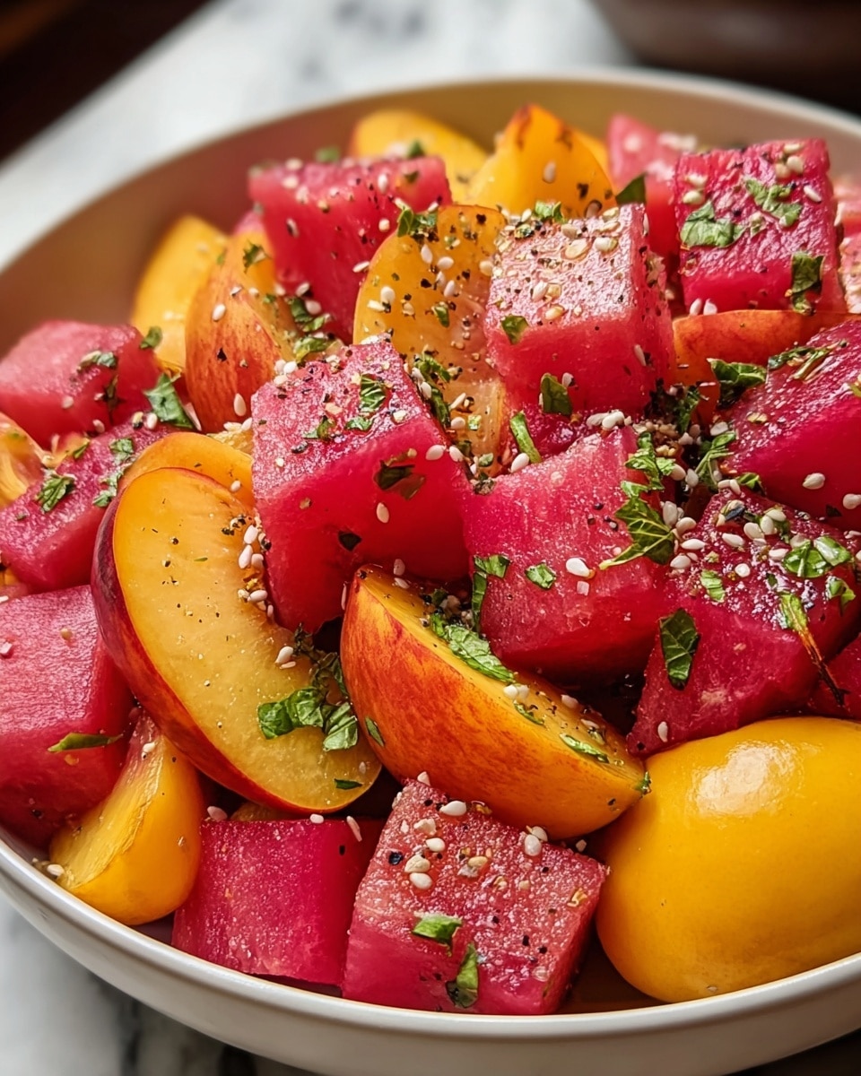 A close-up view of a white bowl filled with a fresh fruit salad showing two main layers: large pink watermelon cubes with a juicy, smooth texture and bright orange peach slices with red skin, both mixed together. The salad is sprinkled with small green herb pieces, black pepper flakes, and white sesame seeds, adding texture and color contrast. The bowl sits on a surface with a white marbled texture in the blurred background. Photo taken with an iphone --ar 4:5 --v 7