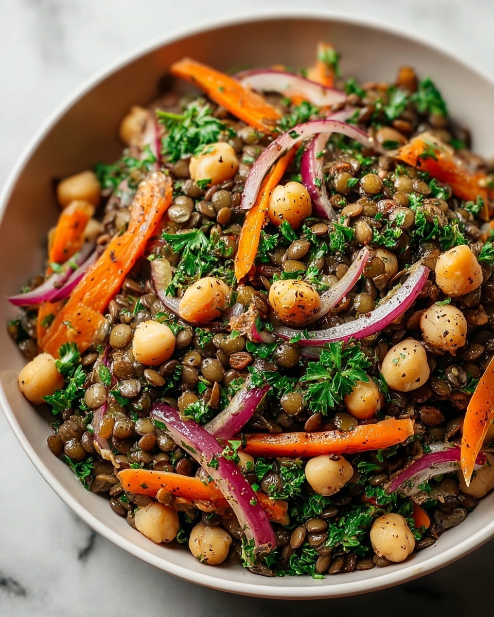 A white bowl filled with a salad made of dark green lentils as the base layer, mixed with round beige chickpeas, thin slices of light purple-red onion, and long bright orange carrot strips scattered evenly throughout. Fresh chopped green herbs are sprinkled on top, adding a vibrant touch. The salad looks lightly seasoned with visible black specks of pepper or spices. The texture appears soft but fresh, and the colors contrast nicely against the white bowl. The bowl sits on a white marbled surface. photo taken with an iphone --ar 4:5 --v 7