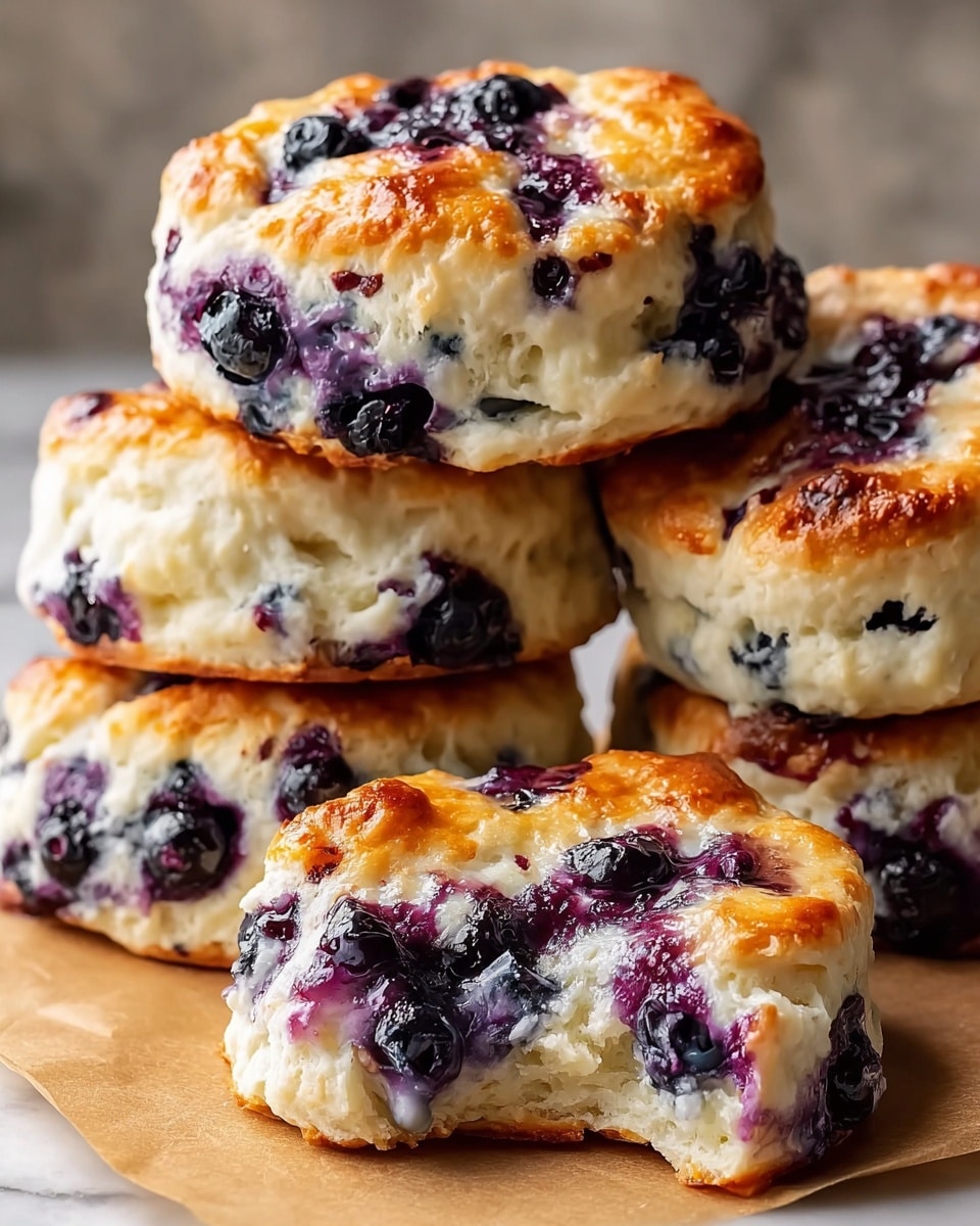 The image shows a close-up of five fluffy blueberry scones stacked on a light brown parchment paper over a white marbled surface. Each scone has a thick, golden brown crust on top with a soft, white inside that looks moist and airy. Dark purple blueberries are spread generously throughout the scones, some bursting and releasing juice, making the white dough look slightly blue in spots. The scone in the front has a bite taken out of it, showing the thick and soft layers inside with scattered blueberries. The light shines on the scones making the golden parts look shiny and the blueberries glossy. photo taken with an iphone --ar 4:5 --v 7