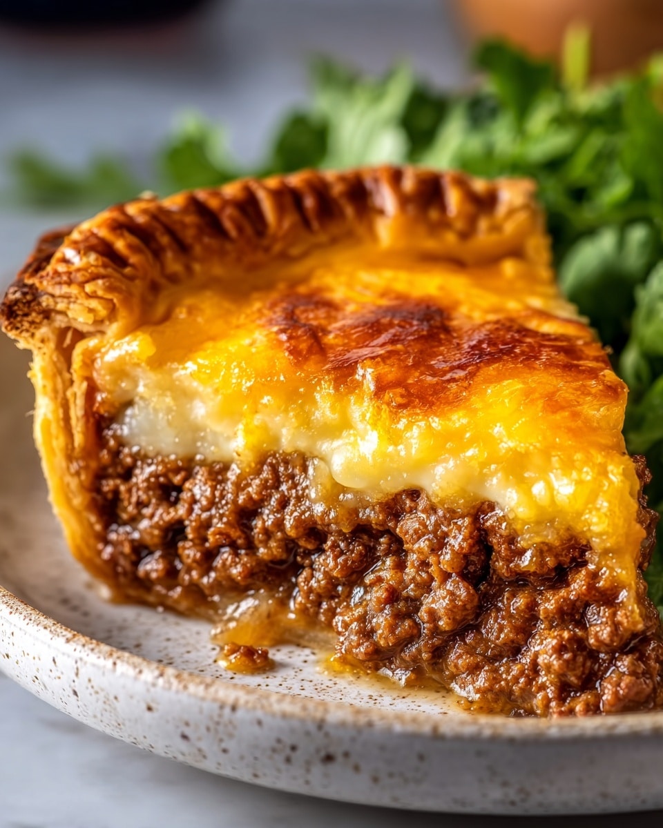 A close-up slice of pie shows three clear layers: the bottom layer is a golden brown, flaky crust with a slightly crimped edge; the middle layer is thick, with cooked ground meat in rich, dark brown tones and a coarse texture; the top layer is melted cheese, golden yellow with browned spots, smooth and creamy, slightly oozing into the meat layer. The slice sits on a white plate with speckles and there is a blurred bunch of green greens in the background, all set on a white marbled texture. Photo taken with an iphone --ar 4:5 --v 7