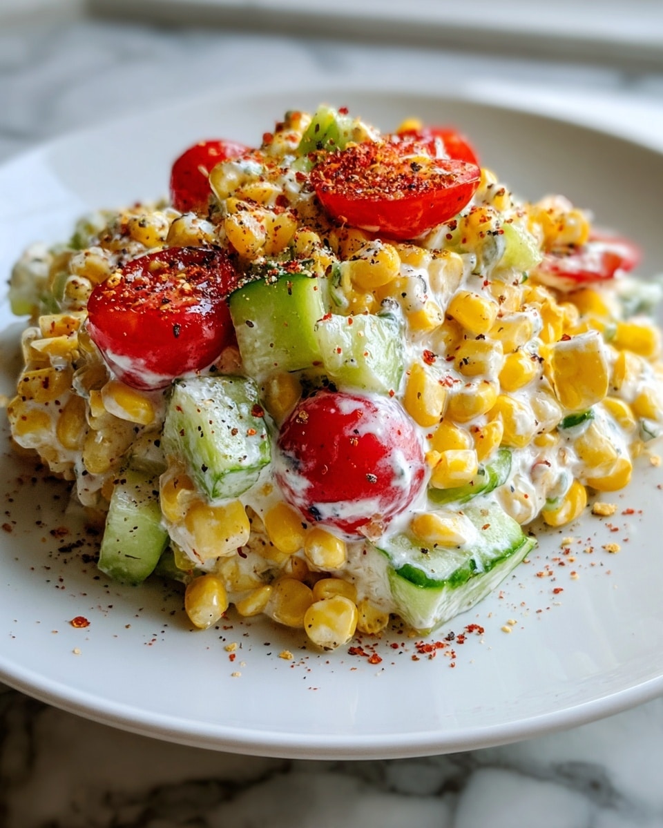 The dish shows a single layered salad on a white plate sitting on a white marbled texture surface. The base layer consists of bright yellow corn kernels mixed with thick white creamy dressing. On top and throughout the corn, there are light green cucumber pieces and bright red cherry tomato halves, all coated in the creamy dressing. The salad is sprinkled with dark specks of black pepper and reddish chili powder, adding texture and color contrast. The overall look is fresh with shiny and moist vegetables, creating a colorful and inviting mix. photo taken with an iphone --ar 4:5 --v 7