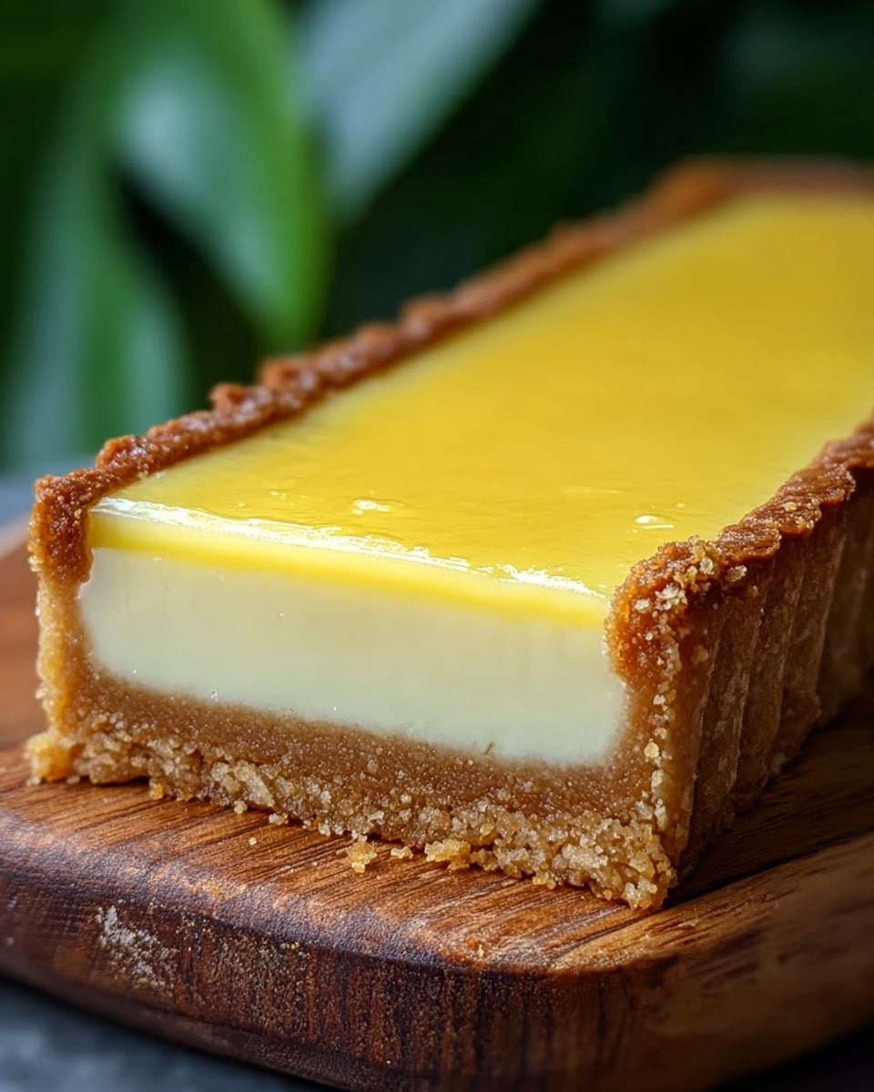 A rectangular lemon tart sits on a wooden board, showing three clear layers: the bottom layer is a crumbly light brown crust, the middle layer is a thick, smooth and creamy pale yellow filling, and the top layer is a glossy, slightly darker yellow lemon glaze. The crust has a rough texture with some crumbs around it, and the edges rise up slightly above the filling, framing the tart neatly. The background is blurred with hints of green leaves, adding a fresh look to the image. photo taken with an iphone --ar 4:5 --v 7