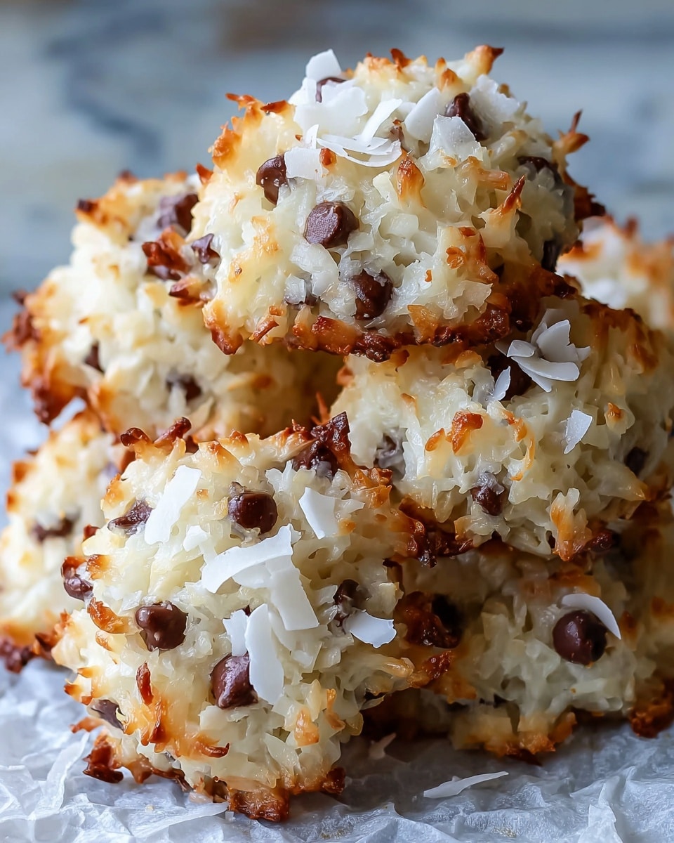 The image shows a close-up of a stack of coconut macaroon cookies on crinkled white parchment paper. Each cookie has a rough, lumpy texture with visible layers of shredded white coconut, which is slightly toasted to a golden brown around the edges. Interspersed throughout the coconut are semi-sweet chocolate chips that add small dark brown spots to the cookies. Some large flaky white coconut pieces are scattered on top of the macaroons, adding more texture and light contrast. The cookies have a loose, irregular round shape with an uneven surface, giving them a homemade look. The background features a white marbled surface that is blurred out to keep the focus on the cookies. photo taken with an iphone --ar 4:5 --v 7