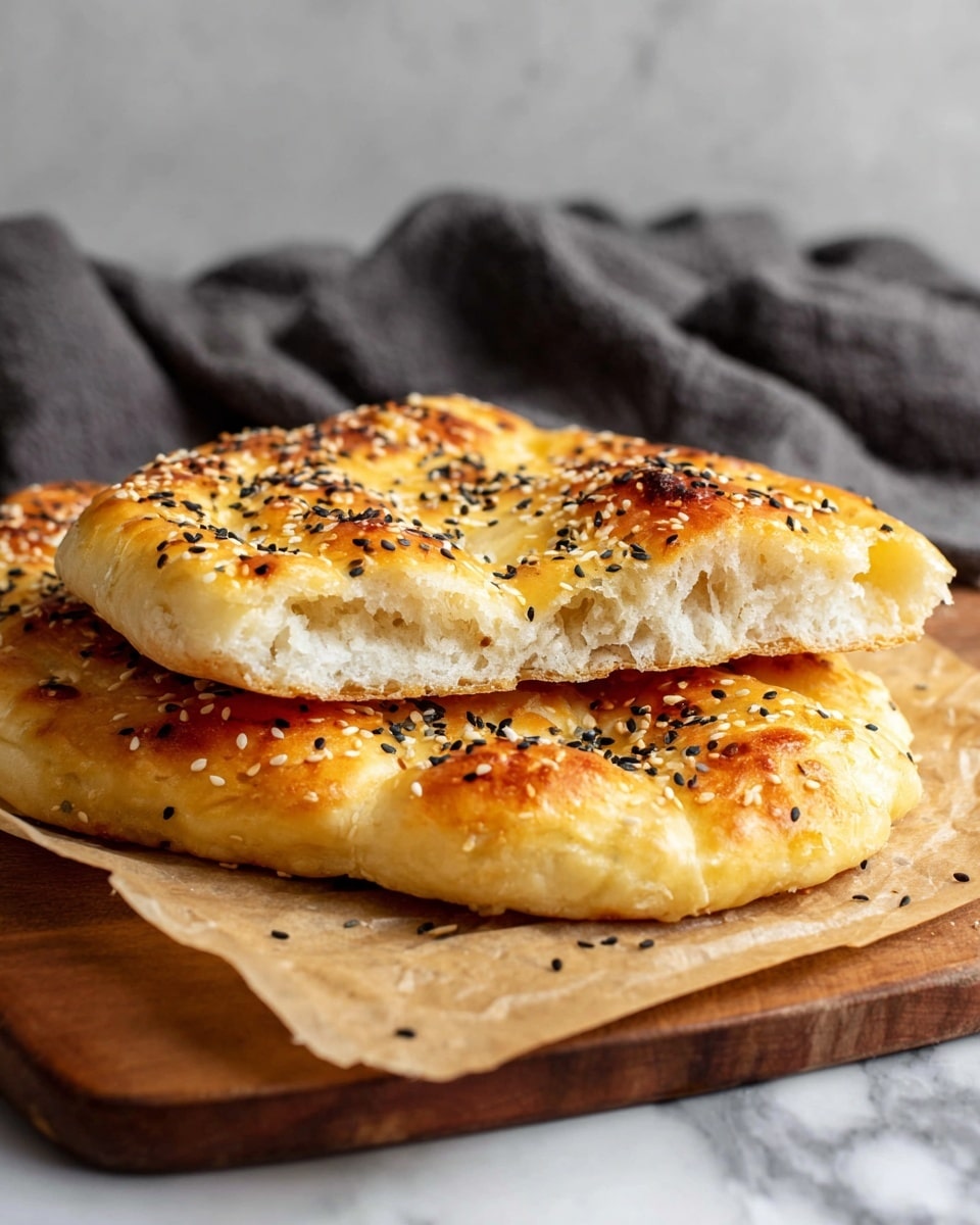 Two pieces of golden brown flatbread stacked on parchment paper placed on a wooden board with a white marbled surface beneath. The top flatbread has a torn edge showing its soft, fluffy white inside. Both flatbreads are covered with black and white sesame seeds scattered on their shiny, slightly textured crusts. In the background, a dark gray cloth is softly folded, adding contrast to the bright scene. Photo taken with an iphone --ar 4:5 --v 7