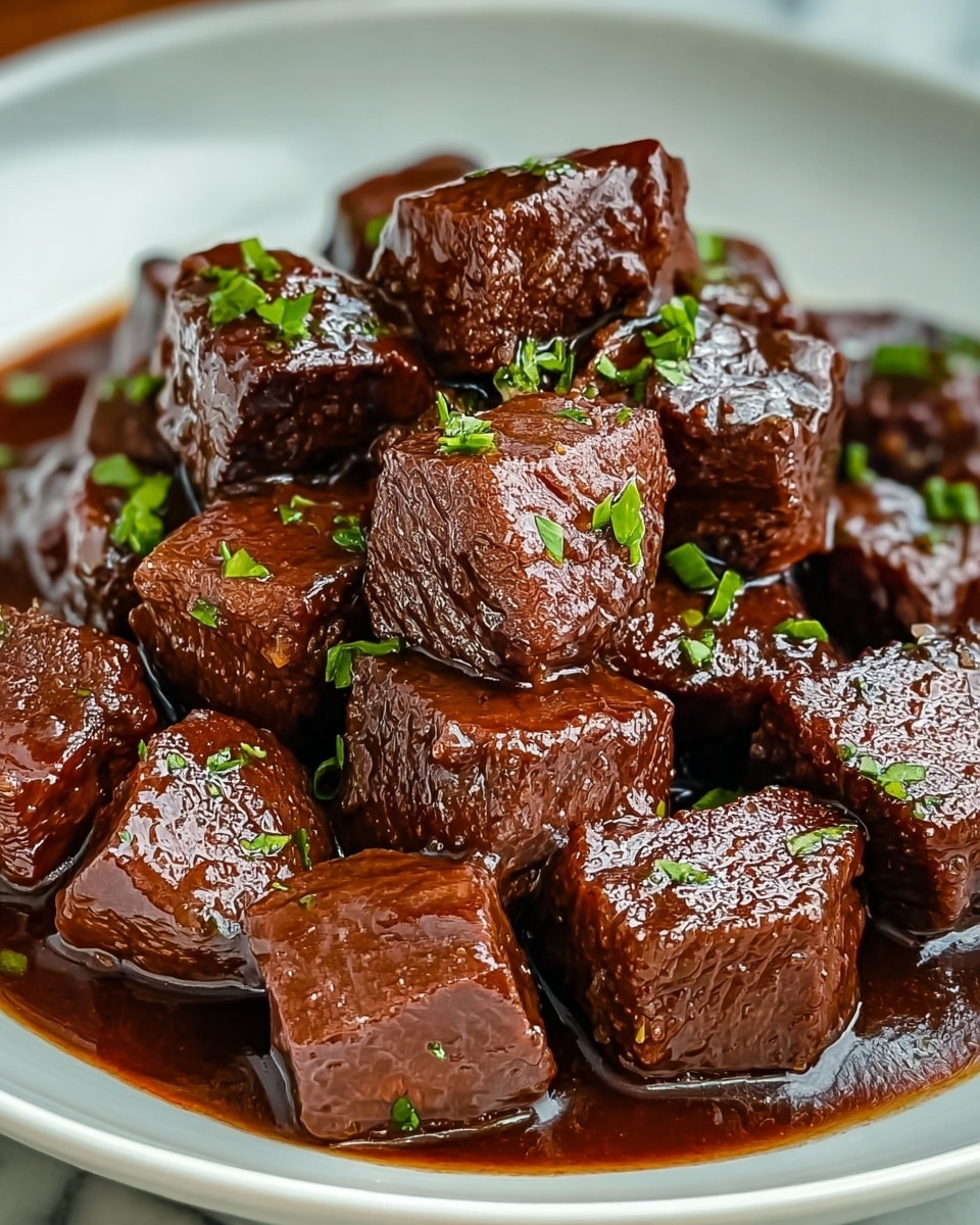 The image shows a white plate filled with thick, glossy dark brown cubes of beef cooked in a shiny, rich brown sauce. The beef pieces are stacked closely together, each piece showing a slightly textured surface with some visible grain and a glistening coating from the sauce. Small bits of bright green chopped herbs are sprinkled on top, adding a fresh contrast to the deep brown tones. The plate sits on a white marbled surface, enhancing the colors of the dish. photo taken with an iphone --ar 4:5 --v 7