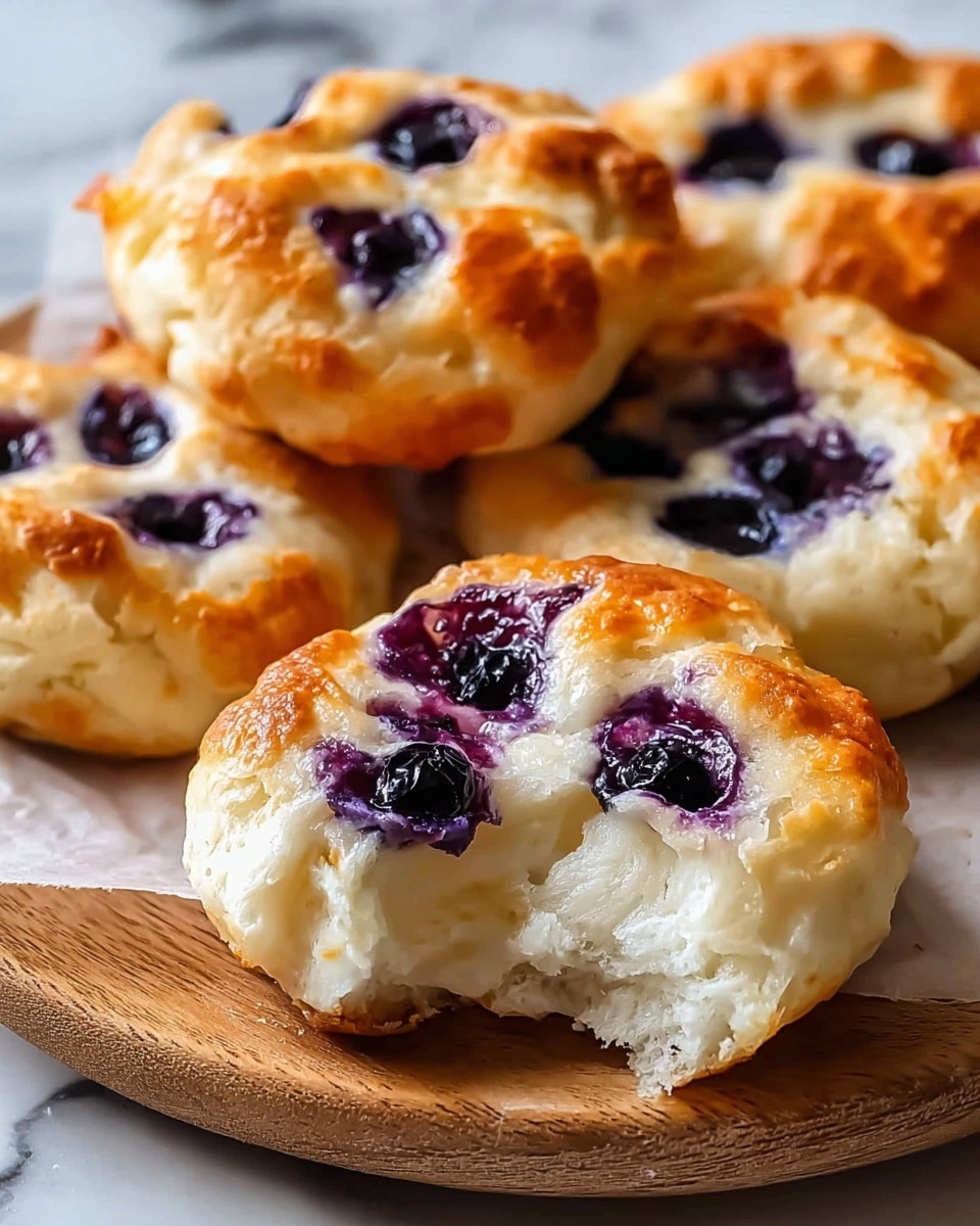 The image shows a close-up of small round baked pastries with a golden-brown top layer and a soft white layer underneath. Each pastry has a few black and deep purple berries embedded into the surface, creating small circles of rich color that contrast with the light dough. The texture of the pastries is fluffy and slightly cracked around the edges, and one pastry in the foreground is broken open to reveal a soft and airy inside. The pastries are placed on a piece of parchment on a round wooden board, all set against a white marbled background. photo taken with an iphone --ar 4:5 --v 7