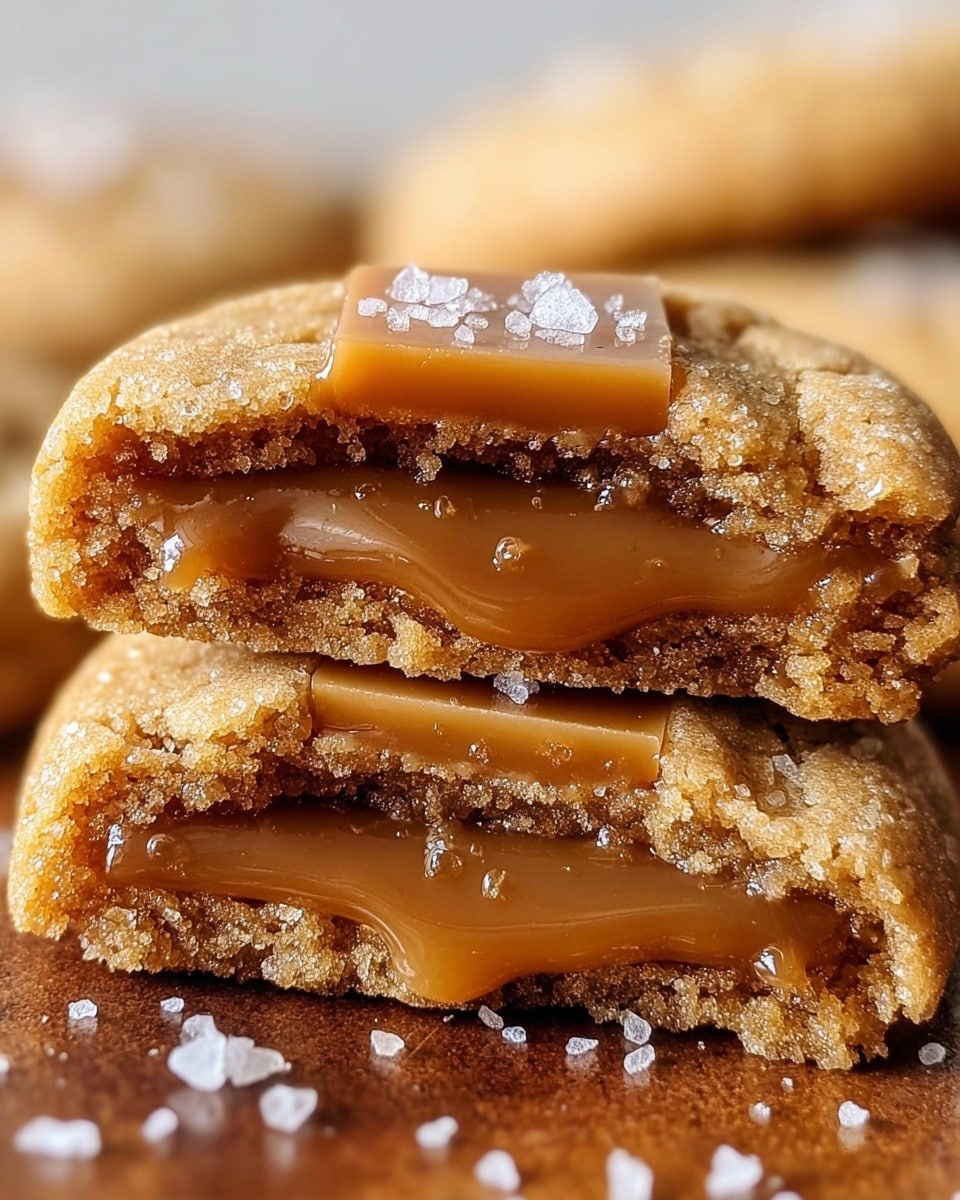 The image shows a close-up of two stacked caramel-filled cookies on a white marbled surface. Each cookie has a golden-brown, slightly crumbly outer layer with a soft, smooth, thick caramel center that looks glossy and gooey. The top cookie has a small square of caramel on it, sprinkled with coarse sea salt crystals that add texture and contrast. The cookies appear soft and chewy with a slightly cracked surface, and some salt flakes are scattered around on the white marbled background. photo taken with an iphone --ar 4:5 --v 7