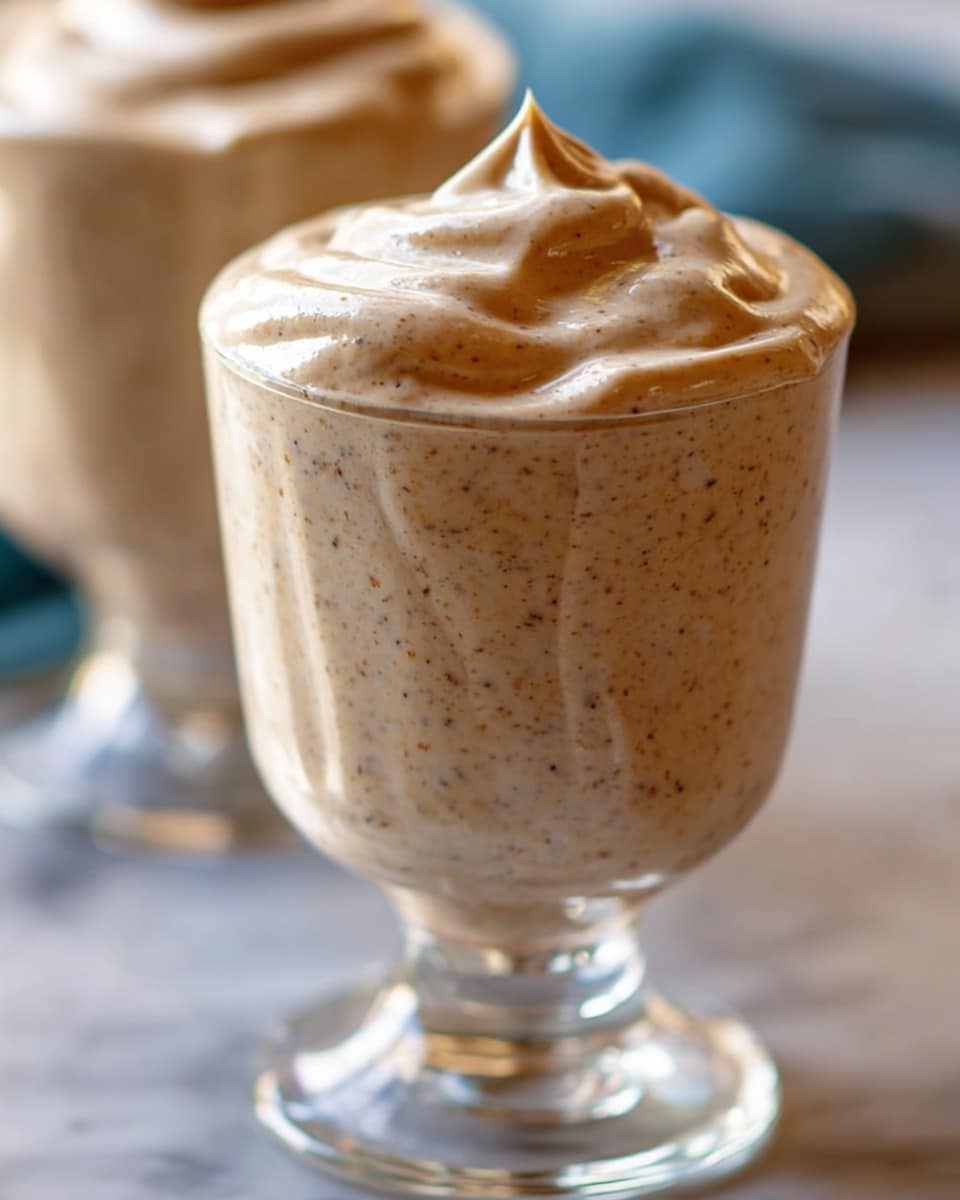 A close-up view of a thick, creamy drink with a light caramel color and tiny dark specks throughout, served in a clear, tall glass with a wide mouth and a hexagonal shape at the top. The creamy drink fills the glass up to just above the rim with slight swirls and a soft peak in the center. In the background, a blurred glass with the same drink and a blue and white striped straw can be seen, along with a white spoon, all placed on a white marbled surface. Photo taken with an iphone --ar 4:5 --v 7
