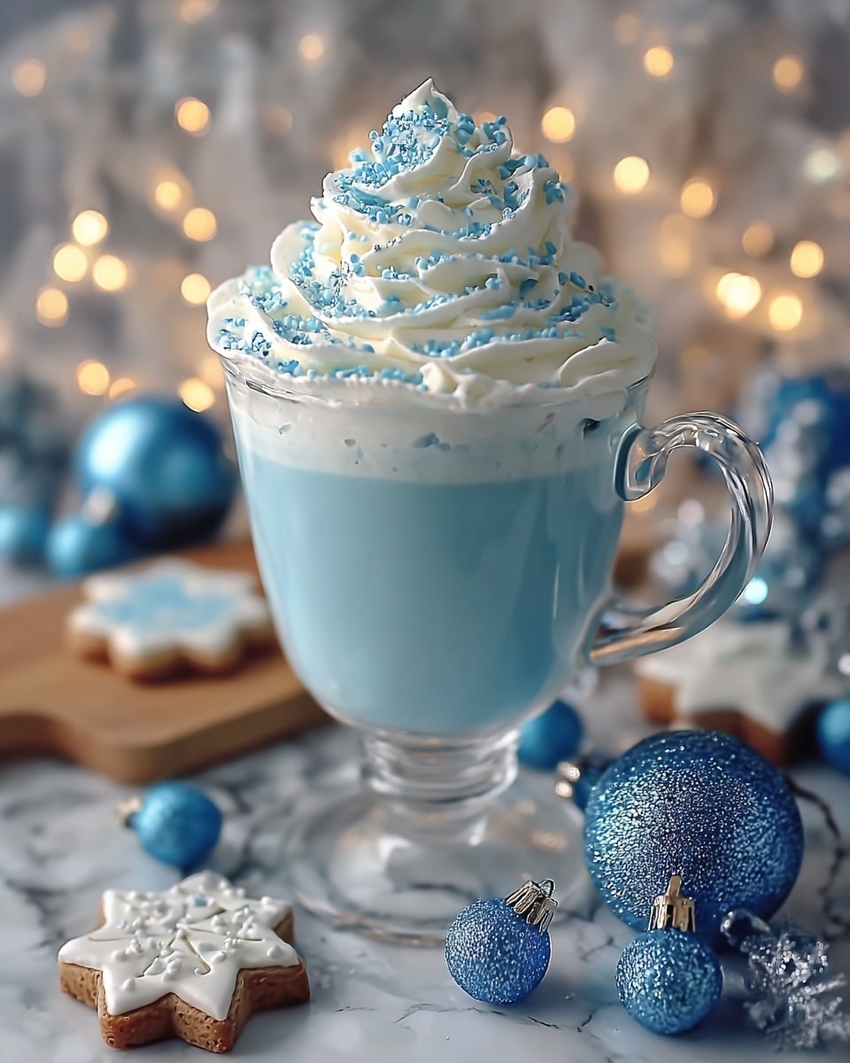 A clear glass cup with a loop handle filled with a smooth, light blue drink, topped with a thick, swirled white whipped cream layer sprinkled evenly with small blue sugar crystals. The glass sits on a white marbled surface, surrounded by shiny, glittery blue Christmas ornaments and small star-shaped cookies in white and brown near a wooden board. Soft, warm blurred lights create a cozy background. Photo taken with an iphone --ar 4:5 --v 7