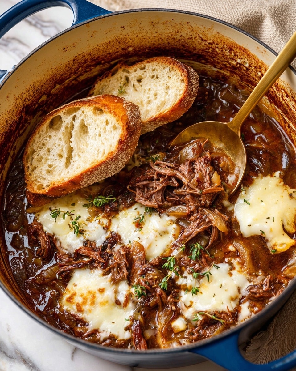 The image shows a blue pot filled with a rich, brown stew made of shredded beef mixed with soft caramelized onions. Melted white cheese is spread unevenly over the beef in thin, creamy patches. Two slices of rustic bread, light brown with a crunchy texture, rest on top of the stew on the left side. Fresh green sprigs of thyme are scattered lightly on the surface, adding a touch of color. A gold spoon is partially submerged in the stew on the right side. The pot edges show a baked-on layer of cooking residue, adding a rustic feel. The pot sits on a white marbled surface with a beige cloth partially visible in the background. photo taken with an iphone --ar 4:5 --v 7