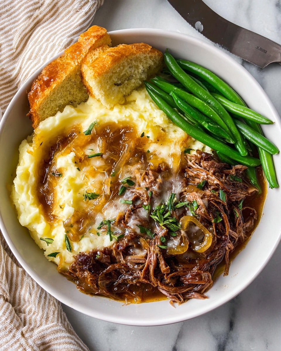 A white bowl holds a dish with three main parts: on the left, a smooth layer of creamy pale yellow mashed potatoes topped with a golden brown onion gravy with cooked translucent onions; in the center and bottom right, shredded dark brown beef covered with melted white cheese and some fresh green herbs; on the top right, a pile of bright green steamed green beans with a slightly glossy texture; two pieces of toasted light golden brown bread rest on top of the green beans and mashed potatoes near the edge of the bowl, and a knife is partially visible near the food. The bowl sits on a white marbled surface with a beige and white striped cloth partially visible in the top left corner. photo taken with an iphone --ar 4:5 --v 7
