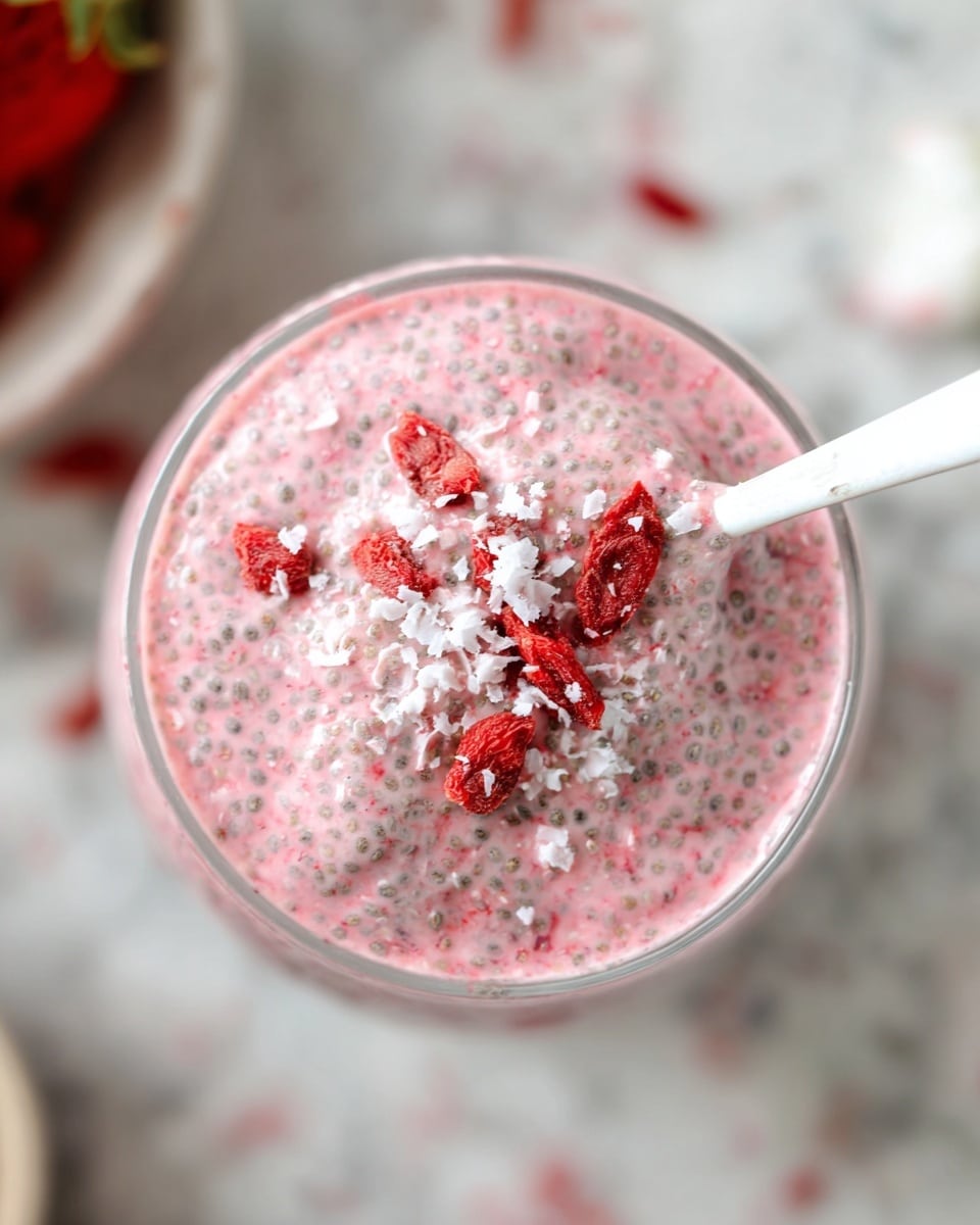 A clear glass filled with a thick layer of pink chia pudding made with small, visible chia seeds soaking in a creamy pink liquid is topped with small pieces of red dried strawberries and white coconut flakes scattered across the surface. A light gray spoon rests inside the glass, partially submerged in the pudding. In the background, a blurred bowl of fresh red strawberries sits on a white marbled surface. photo taken with an iphone --ar 4:5 --v 7