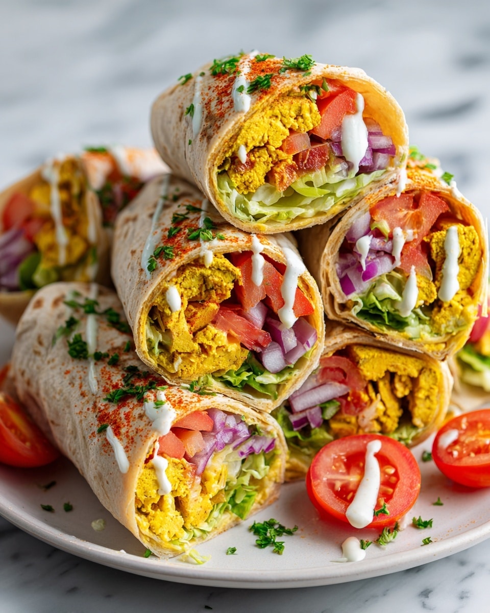 The image shows two halves of a burrito cut open and placed on a white plate with a white marbled surface underneath. The burrito has a toasted flour tortilla with brown spots on the outside. Inside, the first layer is a crispy golden-brown fried chicken or tofu. The second layer is a mix of shredded pale green lettuce and bright orange shredded cheese. The third layer is diced red tomatoes and red onions, with some green parsley or cilantro on top. White creamy sauce is drizzled throughout the filling. In the background, there are slices of cucumber, tomato, and some green lettuce, along with a glass of white drink. photo taken with an iphone --ar 4:5 --v 7