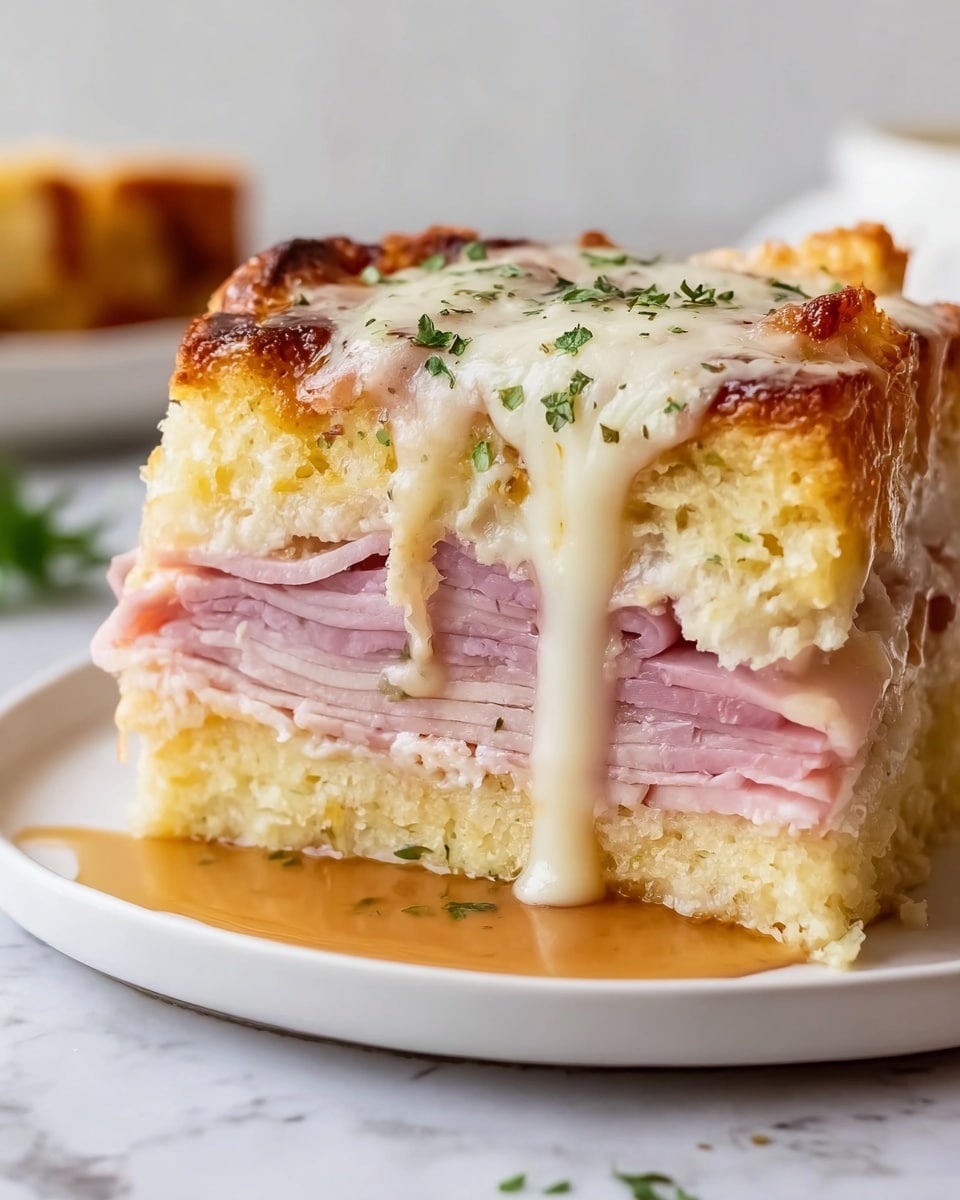 A close-up of a sandwich with three visible layers placed on a white plate over a white marbled surface. The bottom layer is a thick, soft, and slightly crumbly bread piece with a pale yellow color. Above this, there is a thick layer of folded light pink ham slices, giving a textured and slightly shiny look. The top layer is another thick bread slice, golden brown and slightly crispy on the outside with melted white cheese dripping down over the ham and bread, covered with small green herb leaves sprinkled on top. There is a light brown sauce dripping down the side onto the plate. Photo taken with an iphone --ar 4:5 --v 7