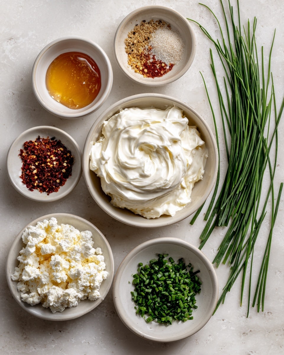 The image shows nine white dishes and a bunch of fresh chives on a white marbled surface. In the center, there is a medium white bowl filled with thick, swirled white cream. Surrounding this, starting from the top left and moving clockwise, are a small white bowl of light brown honey; a small white bowl with coarse mixed spices, mostly red and beige; a small white bowl filled with dark red chili flakes; a pile of fresh long green chives with a small mound of coarse white salt beside them; a small white bowl of chopped chives; a slightly larger white bowl with white creamy curd topped with golden honey; another white bowl of white crumbly cheese; and lastly, a plate with finely chopped chives. The items are arranged neatly in a circular pattern. photo taken with an iphone --ar 4:5 --v 7