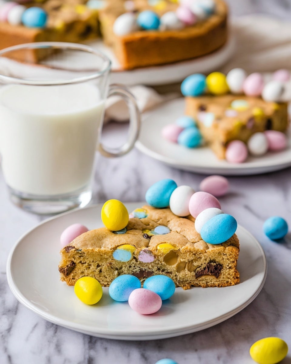 The image shows a slice of thick, golden-brown cookie cake with visible chocolate chips and pastel-colored candy eggs baked inside, sitting on a white plate. The cookie cake slice is topped with a ring of small, smooth, pastel candy eggs in blue, pink, yellow, and white around the edge. More candy eggs are scattered around the base of the slice on the plate. In the background, there is a glass mug filled with white milk, another slice of cookie cake on a white plate, and the rest of the cookie cake decorated similarly with pastel candy eggs on a white marbled surface. photo taken with an iphone --ar 4:5 --v 7