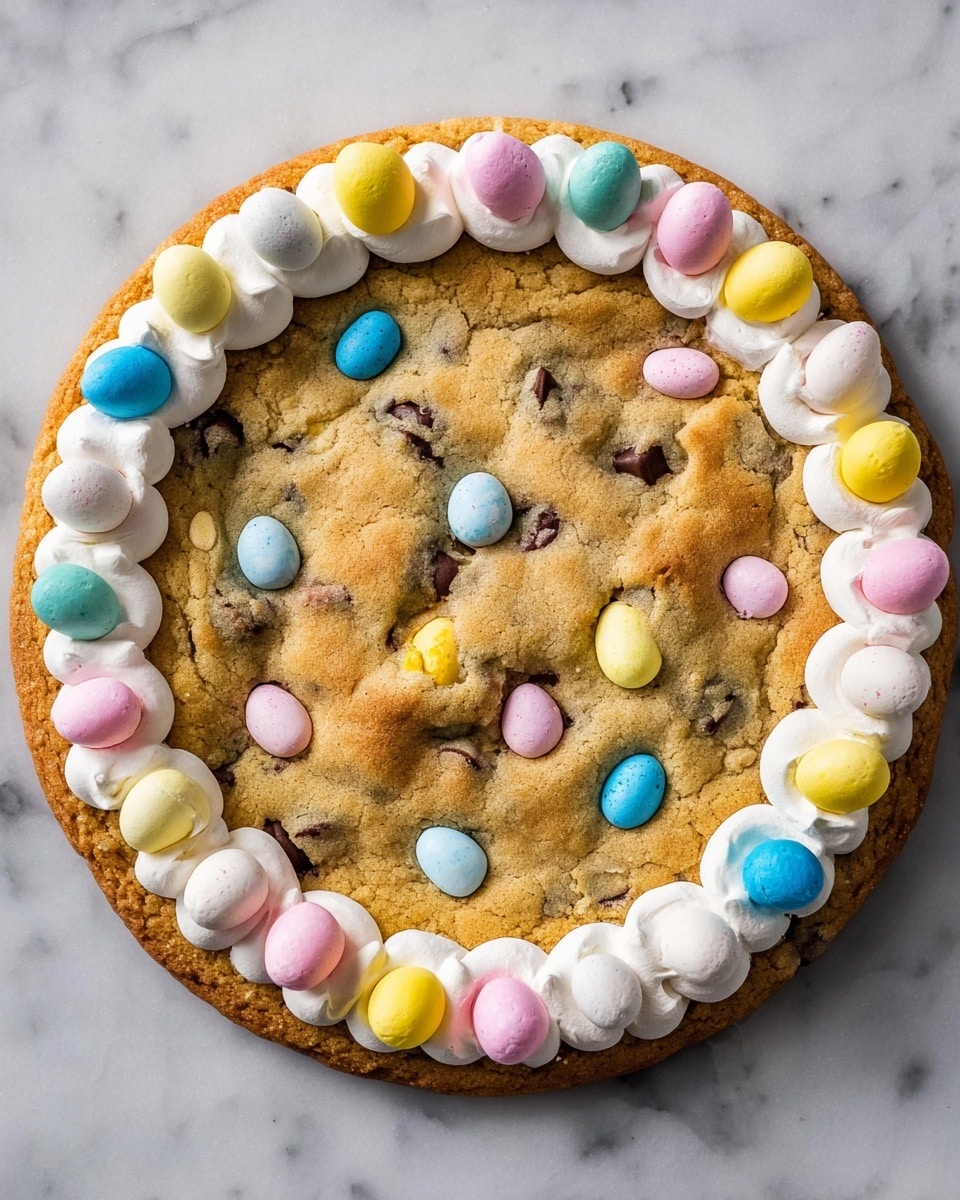 A large, round chocolate chip cookie sits flat on a white marbled surface. The cookie is golden brown with a slightly cracked texture and scattered chocolate chips visible throughout. Embedded inside the cookie are small, pastel-colored candy eggs in blue, pink, white, and yellow. Around the cookie’s edge, there is a neat ring of dollops of white cream, each topped with a pastel candy egg in the same colors, creating a colorful border. The overall look is soft and slightly crumbly with a playful mix of soft cream and candy textures. Photo taken with an iphone --ar 4:5 --v 7