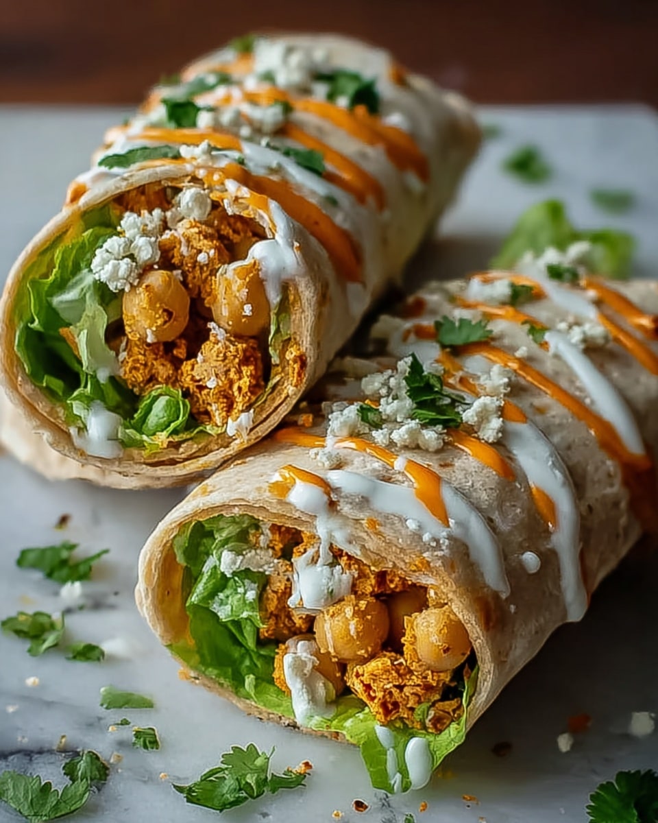Two thick wraps lie side by side on a white marbled surface, both bursting with layers. The base is a soft, slightly toasted flatbread rolled tightly around a filling of golden chickpeas mixed with crumbly orange-spiced tofu. Bright green leafy lettuce peeks out from the edges inside the wraps. On top of the wraps, creamy white sauce and bright orange sauce are drizzled in thin lines, with small bits of white cheese and fresh green cilantro leaves scattered over for garnish. A few extra bits of cilantro and cheese are sprinkled casually on the white marbled surface around the wraps. Photo taken with an iphone --ar 4:5 --v 7