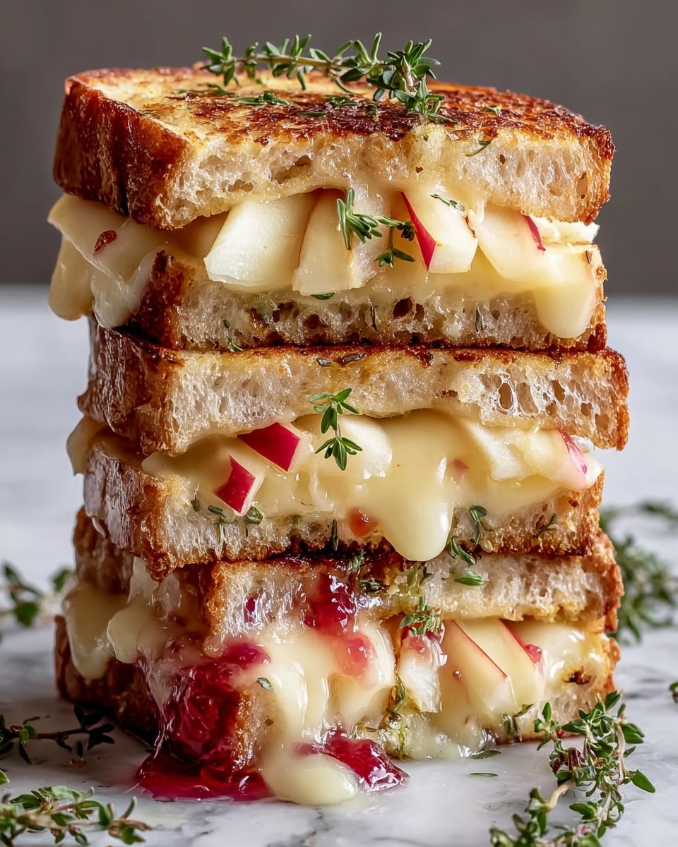 A stack of three thick, golden-brown grilled cheese sandwiches is shown on a white marbled surface. Each sandwich has two layers of toasted bread with a crisp, crunchy texture. Inside, there are visible layers of creamy melted cheese that oozes slightly, paired with thin slices of red apple, adding a fresh, pale cream and red color contrast. Red jam with a glossy, jelly-like texture is spread alongside the cheese and apple, dripping slightly between the sandwich layers. Fresh green thyme sprigs are scattered on top and around the sandwiches, adding a touch of green to the overall composition. photo taken with an iphone --ar 4:5 --v 7