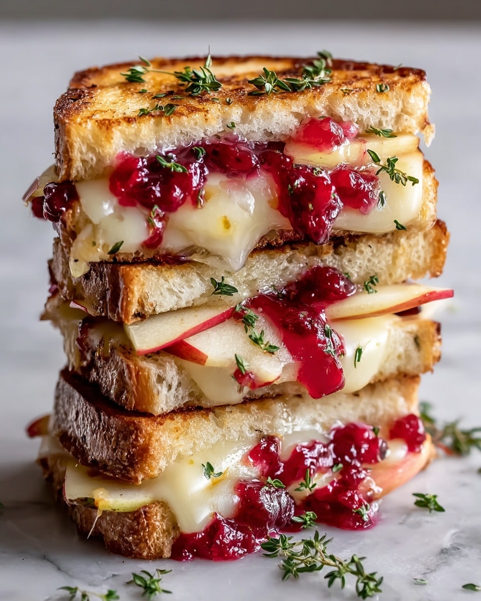 A stack of three grilled cheese sandwich layers is placed on a white marbled surface. Each sandwich is made with golden-brown toasted bread that has a slightly crispy texture. Inside each layer, there are thick slices of creamy melted cheese and thin apple slices with red skin, providing a mix of white and red colors. Bright red cranberry sauce with a glossy, chunky texture is generously spread inside and slightly oozing out. Small green herb leaves, likely thyme, are scattered on top of the sandwiches and around the base, adding a fresh touch. photo taken with an iphone --ar 4:5 --v 7