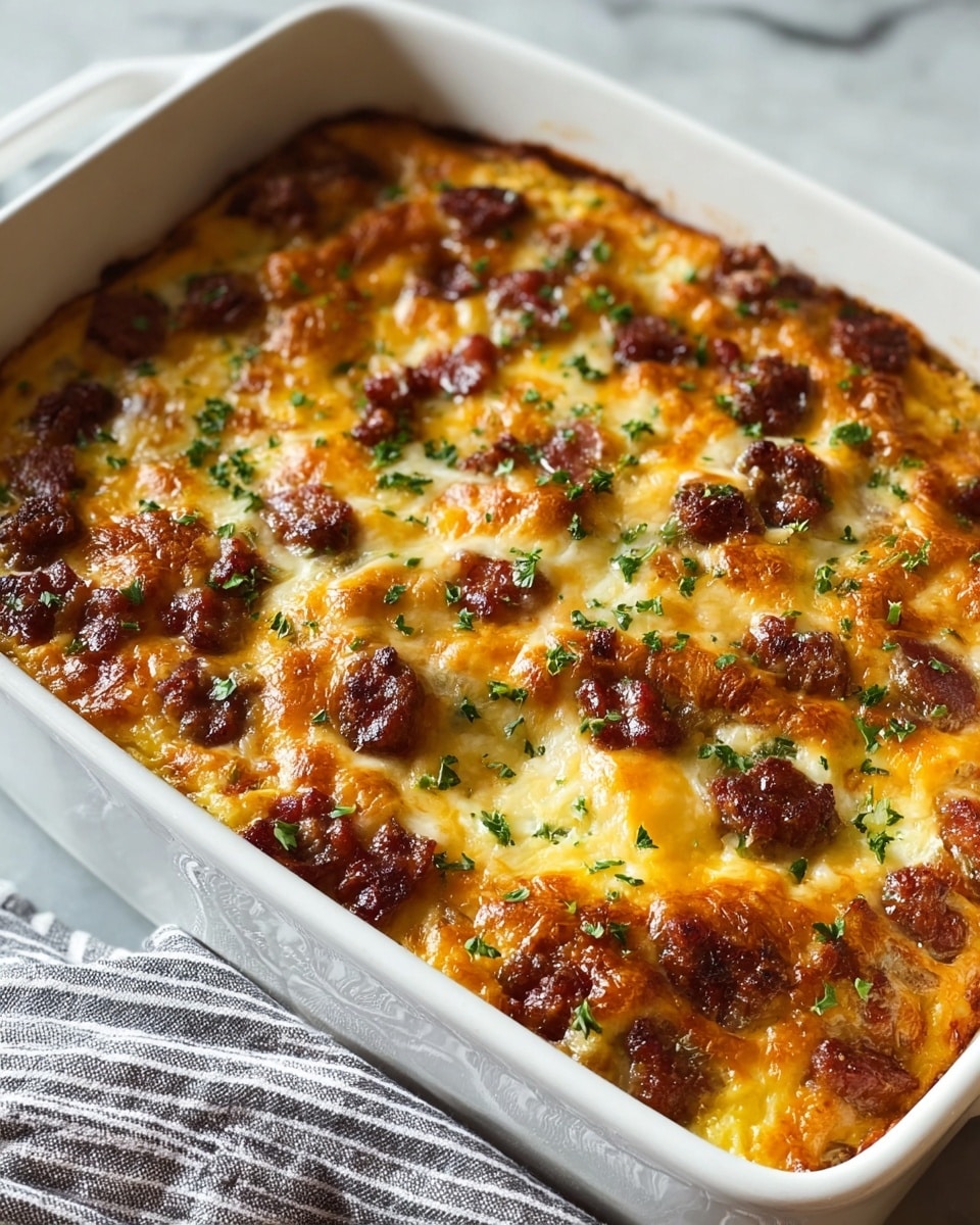 A close-up view of a rectangular white baking dish filled with a baked casserole that has a golden brown, slightly crispy cheese layer on top, scattered with small dark brown chunks of cooked sausage or bacon, and sprinkled with finely chopped green herbs for garnish. The top texture appears bubbly and melted, with patches of lighter yellow cheese and darker browned spots showing a rich, appetizing finish. The dish rests on a white marbled surface with a grey and white striped cloth partially visible underneath. photo taken with an iphone --ar 4:5 --v 7