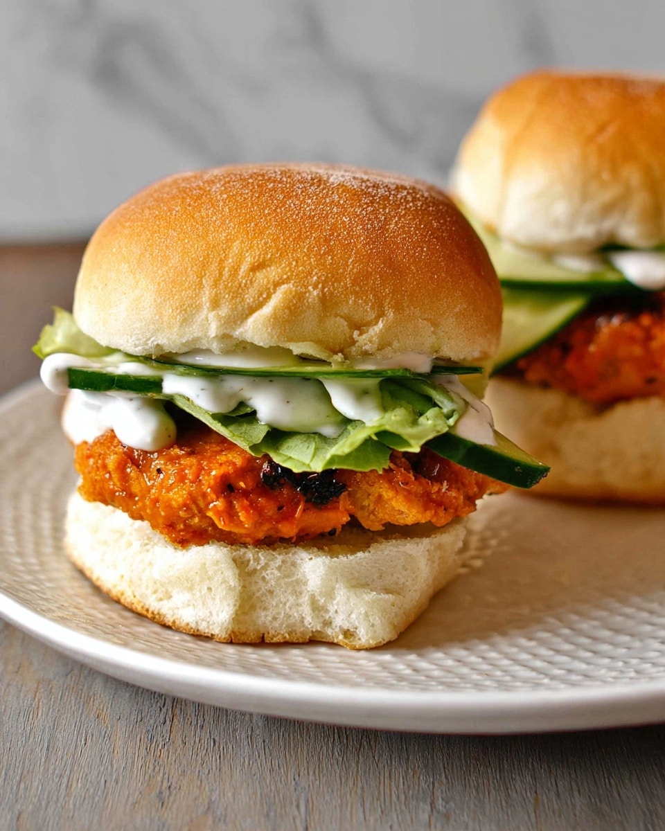 A close-up view of a sandwich held by a woman's hand, showing two crispy orange breaded chicken strips as the main filling. Below the chicken strips is a layer of bright orange sauce, while on top there are fresh green cucumber slices and some creamy white sauce. The sandwich is made with a light golden-brown bun that is soft and slightly textured, with a bite taken from the side revealing its fluffy inside. The sandwich is held over a white plate with a second sandwich blurred in the background, all placed on a white marbled surface. Photo taken with an iphone --ar 4:5 --v 7