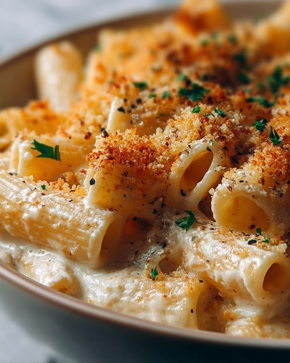 A close-up view of a baked pasta dish with thick tubular pasta covered in creamy off-white cheese sauce. The top layer shows a golden-brown crispy breadcrumb topping, speckled with small black pepper bits and tiny green herb flakes scattered around. Each pasta piece is well coated in sauce, with some sauce pooled between them, creating a smooth, creamy texture beneath the crunchy topping. The dish sits in a white bowl on a white marbled surface. photo taken with an iphone --ar 4:5 --v 7