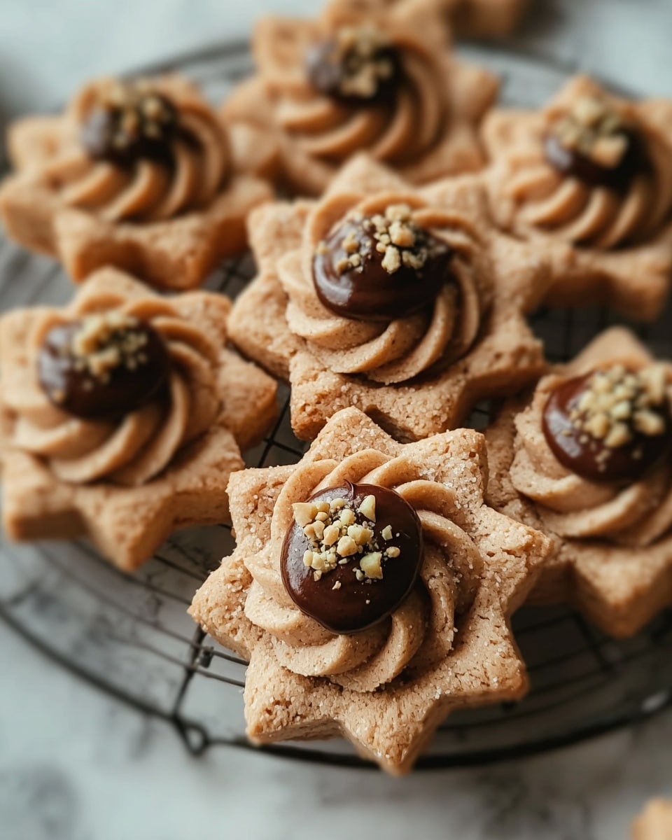 The image shows several star-shaped cookies with a rough, light brown texture, each cookie having a swirled design with a small dollop of dark chocolate cream in the center. Small crushed nut pieces are sprinkled on top of the chocolate cream, adding a bit of texture and contrast. The cookies are arranged closely together on a white plate with a dark wire grid, all placed on a white marbled surface. The overall look is warm and inviting, with a mix of smooth and crumbly textures. photo taken with an iphone --ar 4:5 --v 7
