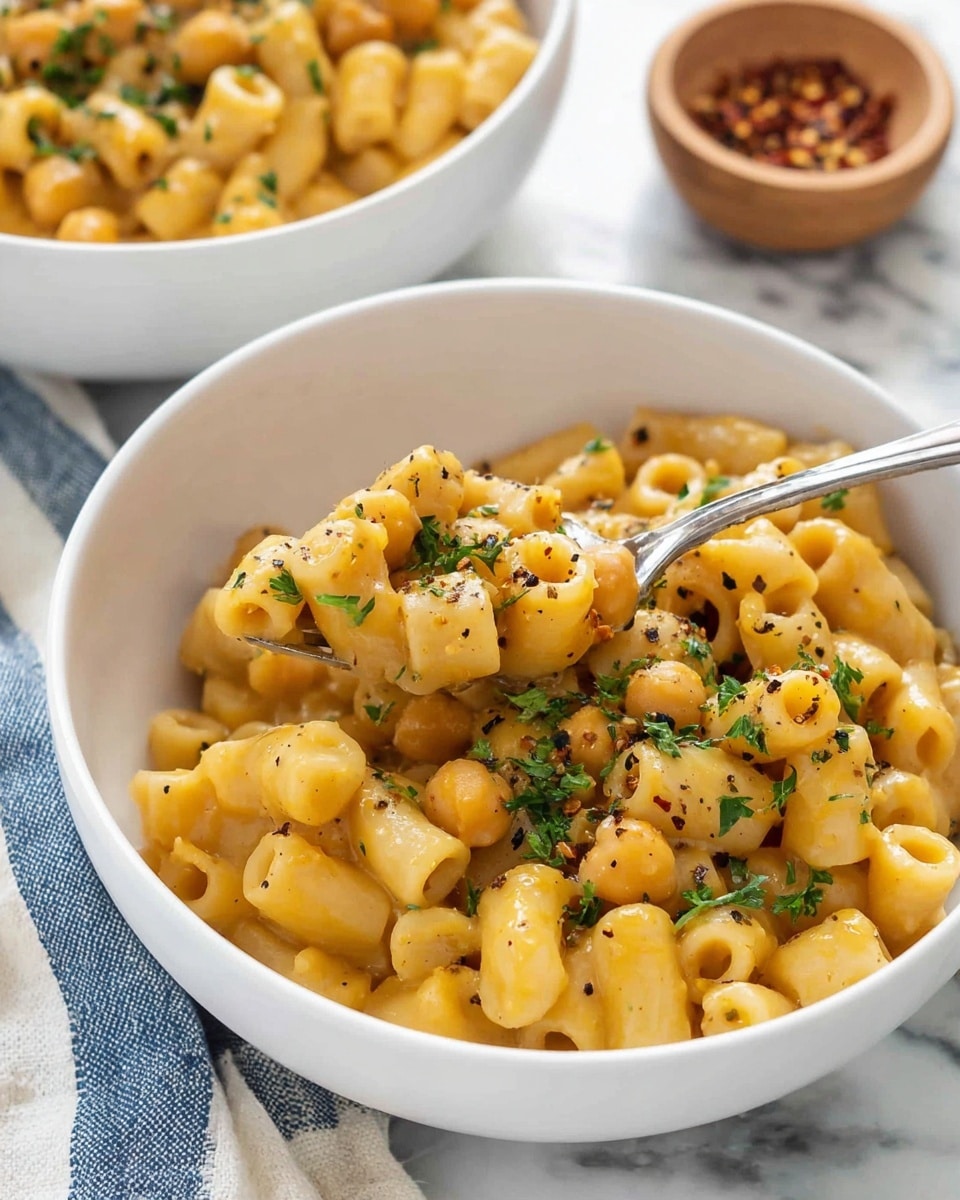 The image shows a close-up of a white bowl filled with a creamy, yellowish pasta dish made with small tube-shaped pasta and chickpeas. The pasta and chickpeas are coated in a smooth, thick sauce, speckled with black pepper, and sprinkled with green parsley. A silver spoon lifts a portion of the pasta and chickpeas, capturing the sauce’s glossy texture and the fresh herb garnish. In the background, there is another white bowl with the same dish and a small wooden bowl containing crushed red pepper flakes. The setting rests on a white marbled surface with a blue and white striped cloth partially visible. photo taken with an iphone --ar 4:5 --v 7