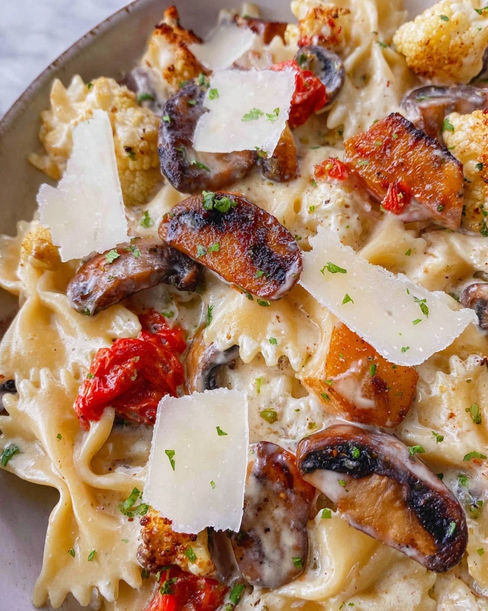 The close-up image shows a creamy pasta dish with layers of bow tie pasta coated in a smooth white sauce, scattered with roasted mushrooms that have a dark brown, slightly crispy texture. Bright red roasted tomato pieces are mixed throughout, adding a pop of color. There are also browned pieces of cauliflower with a soft but slightly crispy look. Thin, off-white slices of shaved parmesan cheese are placed on top, with small green herb sprinkles adding a fresh touch. The dish is presented on a white marbled surface photo taken with an iphone --ar 4:5 --v 7