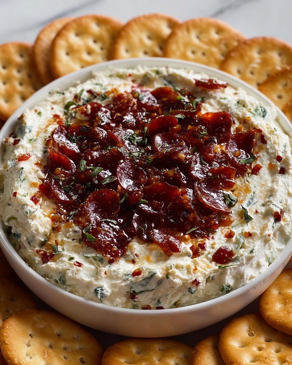 A bowl filled with a three-layer dip is set on a white marbled background. The bottom layer is a creamy white spread with small bits of green herbs mixed in, giving it a slightly chunky texture. The middle layer has a glossy, dark red topping that looks like chopped, cooked pepperoni or spicy meat pieces with a slight oil sheen. Scattered over the red layer are small green herb flecks and some tiny crushed red pepper flakes. The bowl is white, and around it are round, golden brown crackers neatly placed in a circle, adding a crunchy contrast to the soft dip inside. Photo taken with an iphone --ar 4:5 --v 7