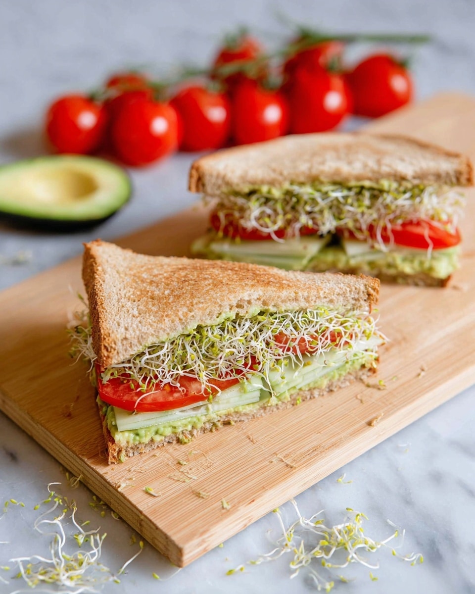 A sandwich cut into two triangular halves sits on a light wooden board with a white marbled surface beneath. Each sandwich half shows three visible layers inside: the bottom layer is light green avocado spread, the middle layer consists of pale green cucumber slices, and the top layer contains red tomato slices with white and green alfalfa sprouts piled generously on top. The sandwich is made with toasted whole-grain bread that is golden brown and slightly textured. Behind the sandwich, a small cluster of bright red cherry tomatoes on the vine and a green avocado slice rest on the wooden board, along with extra scattered alfalfa sprouts around the sandwich. photo taken with an iphone --ar 4:5 --v 7