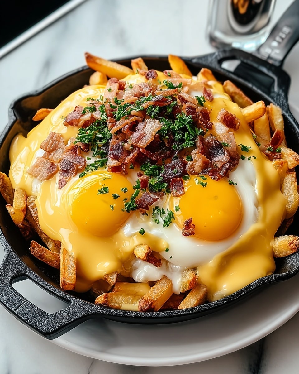 A black cast iron pan holds a dish with three clear layers: the bottom layer is made of thick, golden-brown crispy fries, the middle layer is rich melted yellow cheese draped over the fries, and the top layer shows pieces of crispy, browned bacon scattered evenly with a bright sunny-side-up egg in the center, its white edges slightly melting into the cheese. The egg yolk is shiny and yellow, sprinkled lightly with small green chopped herbs and black pepper. The pan rests on a surface with a white marbled texture. photo taken with an iphone --ar 4:5 --v 7