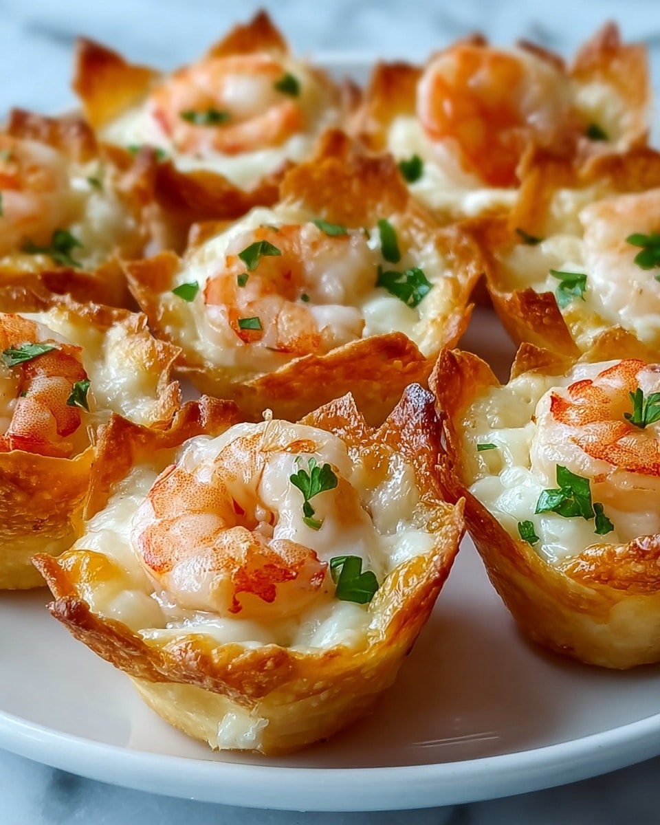 Small crispy golden cups made from thin dough hold creamy melted white cheese inside. Each cup is topped with a piece of light pink shrimp, showing their slight curve and some red stripes. Small green parsley leaves are scattered over and around the cheese and shrimp, adding color contrast. The cups are placed close together on a white plate that sits on a white marbled surface. The texture of the cups looks crunchy and bubbly where they are baked to a light brown. photo taken with an iphone --ar 4:5 --v 7