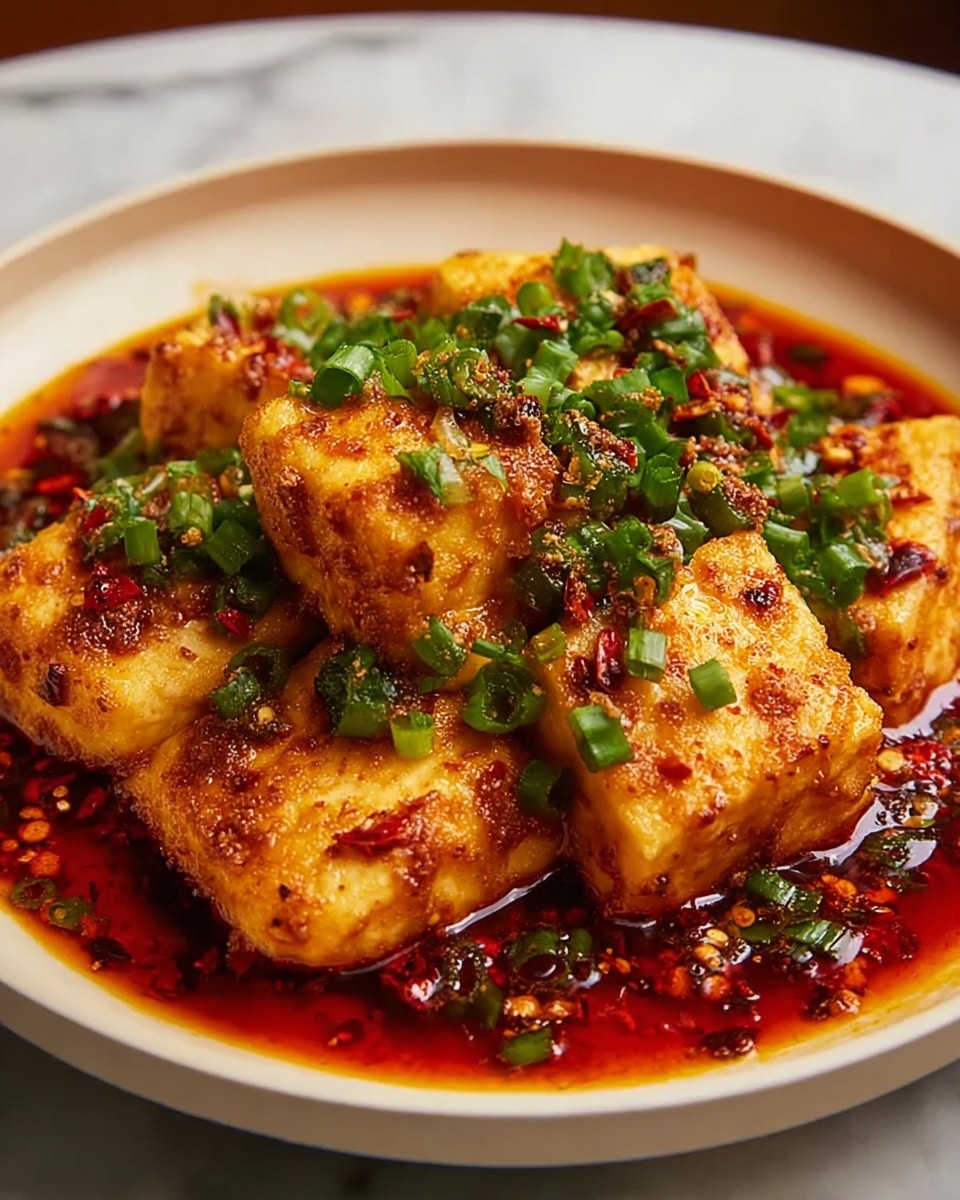 This image shows a close-up of a spicy dish with several chunks of golden-brown tofu sitting in a bright red chili oil sauce. The tofu pieces, coated in a crispy, textured crust, are scattered evenly throughout the dish with some pieces partially submerged in the oily sauce. The red sauce is thick and glistening, with visible chili flakes and small seeds adding texture. The dish is topped with finely chopped green onions that add a fresh green color contrast to the red and brown. The food is served in a white shallow bowl, and there is a spoon partially visible in the back right of the bowl. The background shows a white marbled texture. photo taken with an iphone --ar 4:5 --v 7