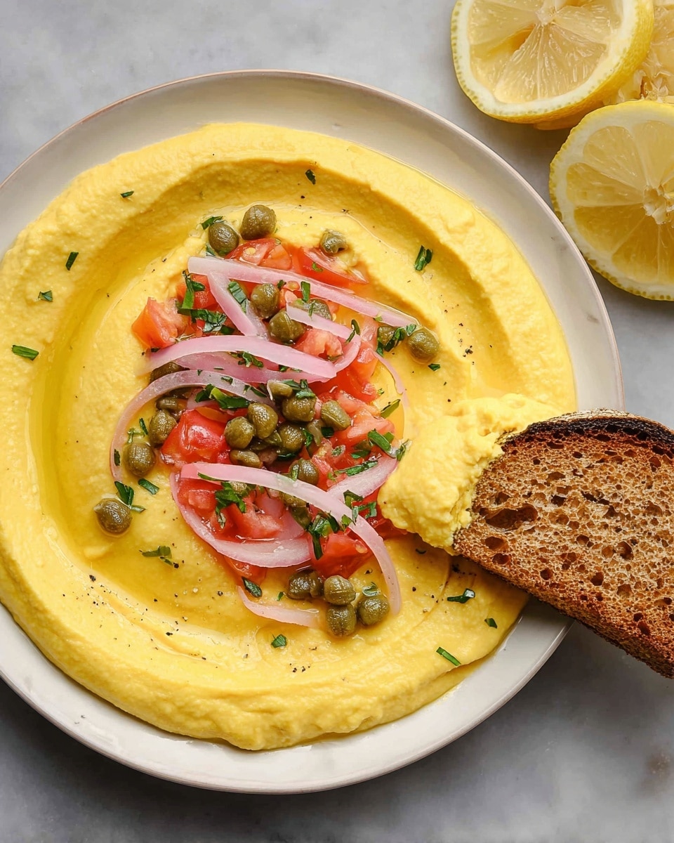A white plate filled with a smooth, creamy yellow hummus spread evenly in a circular shape, topped in the center with thin slices of red onion, small green capers, and bright red diced tomatoes. On the right edge of the plate, a piece of toasted brown bread is dipped slightly into the hummus, showing its rough, grainy texture. Two lemon halves are partially visible in the top right corner against a white marbled texture. Photo taken with an iphone --ar 4:5 --v 7