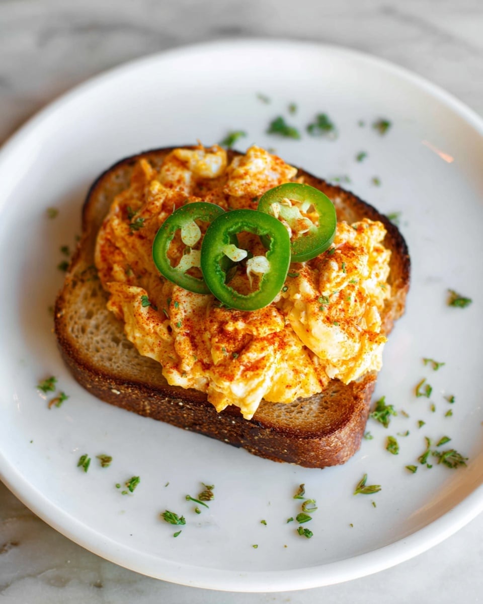 A single slice of toasted bread forms the base with a light golden brown color and slightly crisp texture. On top, there is a thick layer of scrambled eggs mixed with red seasoning, giving the eggs a warm orange hue with some white chunks visible. The eggs have a soft, slightly chunky texture. Three thin, green jalapeño slices rest on the eggs, adding a fresh, vibrant green contrast. Small green herb pieces are sprinkled around the toast and scattered on the white plate, which has a smooth surface. The background is a white marbled texture. photo taken with an iphone --ar 4:5 --v 7