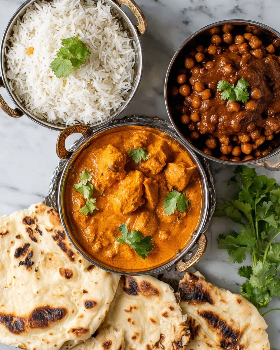 A top view of three round silver bowls on a white marbled surface; the central bowl holds a rich orange curry with chicken pieces covered in creamy sauce, topped with green cilantro leaves. To the top left, the second bowl is filled with fluffy white rice garnished with a small sprig of cilantro. To the top right, the third bowl contains dark brown chickpeas in thick sauce. Surrounding the bowls are several pieces of toasted naan bread with charred spots, lying flat on the white marbled surface. Some fresh cilantro sprigs are placed near the naan. photo taken with an iphone --ar 4:5 --v 7
