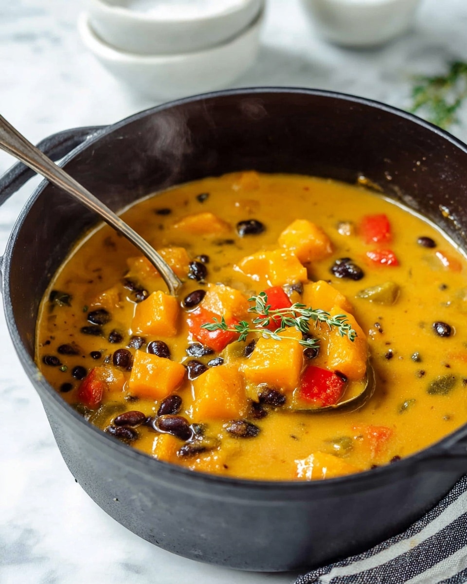 A black pot filled with a thick creamy yellow-orange stew, containing chunks of bright orange butternut squash, small black beans, and pieces of red bell pepper. A few sprigs of fresh green thyme rest on top. A silver spoon is dipped in the stew on the left side of the pot. The pot is placed on a white marbled surface with some white bowls and a striped cloth in the background. steam rises gently from the stew. photo taken with an iphone --ar 4:5 --v 7