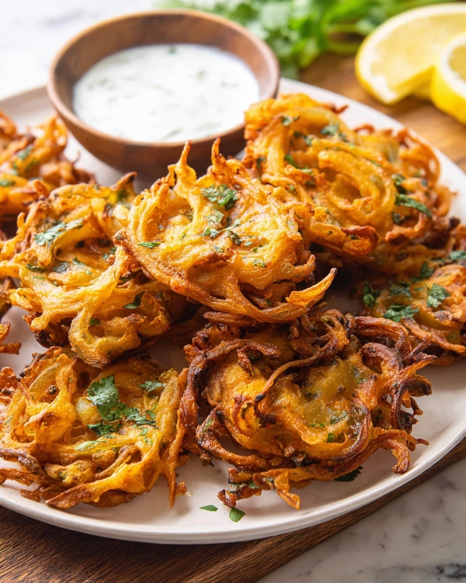 A white plate filled with golden brown onion pakoras stacked unevenly. Each pakora shows crispy, thin fried layers with bright orange and light brown shades, mixed with pieces of green herbs sprinkled on top. The texture looks crunchy with some darker fried edges. On the left side of the plate, a wooden bowl holds white creamy sauce with a smooth surface. In the background, partial views of lemon slices and green leaves are visible on a board, all placed on a white marbled texture surface. photo taken with an iphone --ar 4:5 --v 7