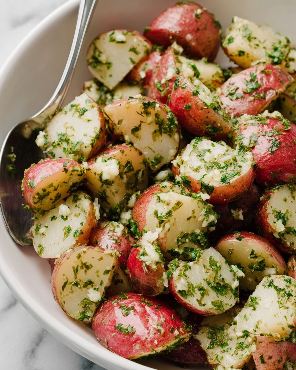 The image shows a close-up of a white bowl filled with small red-skinned potatoes cut into halves and quarters. The potatoes have a soft white inside and are covered in small pieces of bright green herbs and minced garlic. The textures of the potatoes look tender and moist, and a silver spoon rests among the potatoes, partially visible in the top left corner. The bowl is set on a white marbled surface. photo taken with an iphone --ar 4:5 --v 7