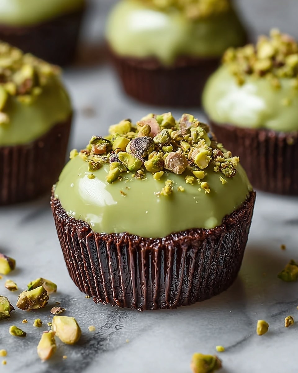 A close-up view of a round dessert covered with a smooth, shiny light green layer, topped with small, rough chopped pistachio nuts. The base layer is a dark brown, almost black, textured cake sitting inside a dark brown, ridged paper cup. Scattered pieces of pistachio nuts surround the dessert on a white marbled surface. In the background, there are several similar desserts slightly out of focus. photo taken with an iphone --ar 4:5 --v 7