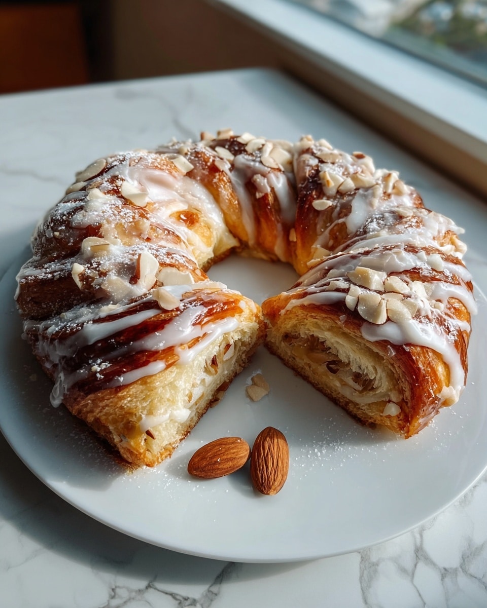 A twisted ring-shaped pastry sits on a white plate with two sections cut to show the inside, revealing at least three visible layers of soft, light golden dough with a creamy filling and bits of almonds inside. The top is a shiny golden brown with a white icing glaze drizzled generously over the whole ring and small almond slices sprinkled on top. There is some powdered sugar dusted lightly on the plate and around the pastry, with two whole almonds placed near the front edge of the plate. The scene is set against a white marbled texture, natural light coming from a nearby window highlights the glossy and flaky textures of the pastry. photo taken with an iphone --ar 4:5 --v 7