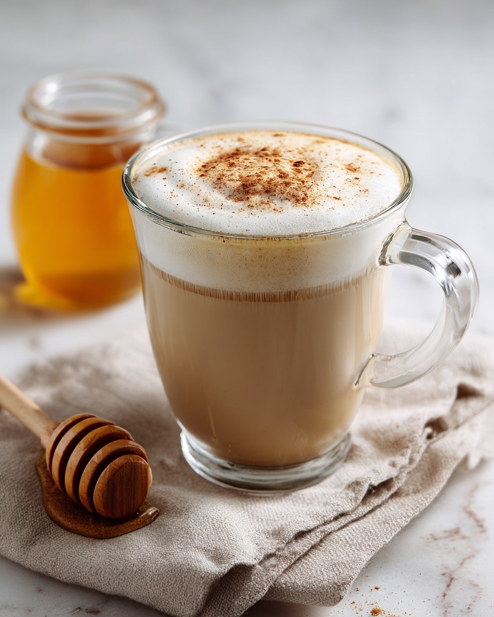 A clear glass mug filled with a creamy light brown coffee drink topped with a foamy white layer sprinkled with cinnamon powder. The mug sits on a folded beige cloth on a white marbled surface. Next to the mug, there is a wooden honey dipper resting with some honey on it, and behind it, a small clear glass jar filled with golden honey. The scene is softly lit, showing textures of the foam, wood, and honey clearly. photo taken with an iphone --ar 4:5 --v 7
