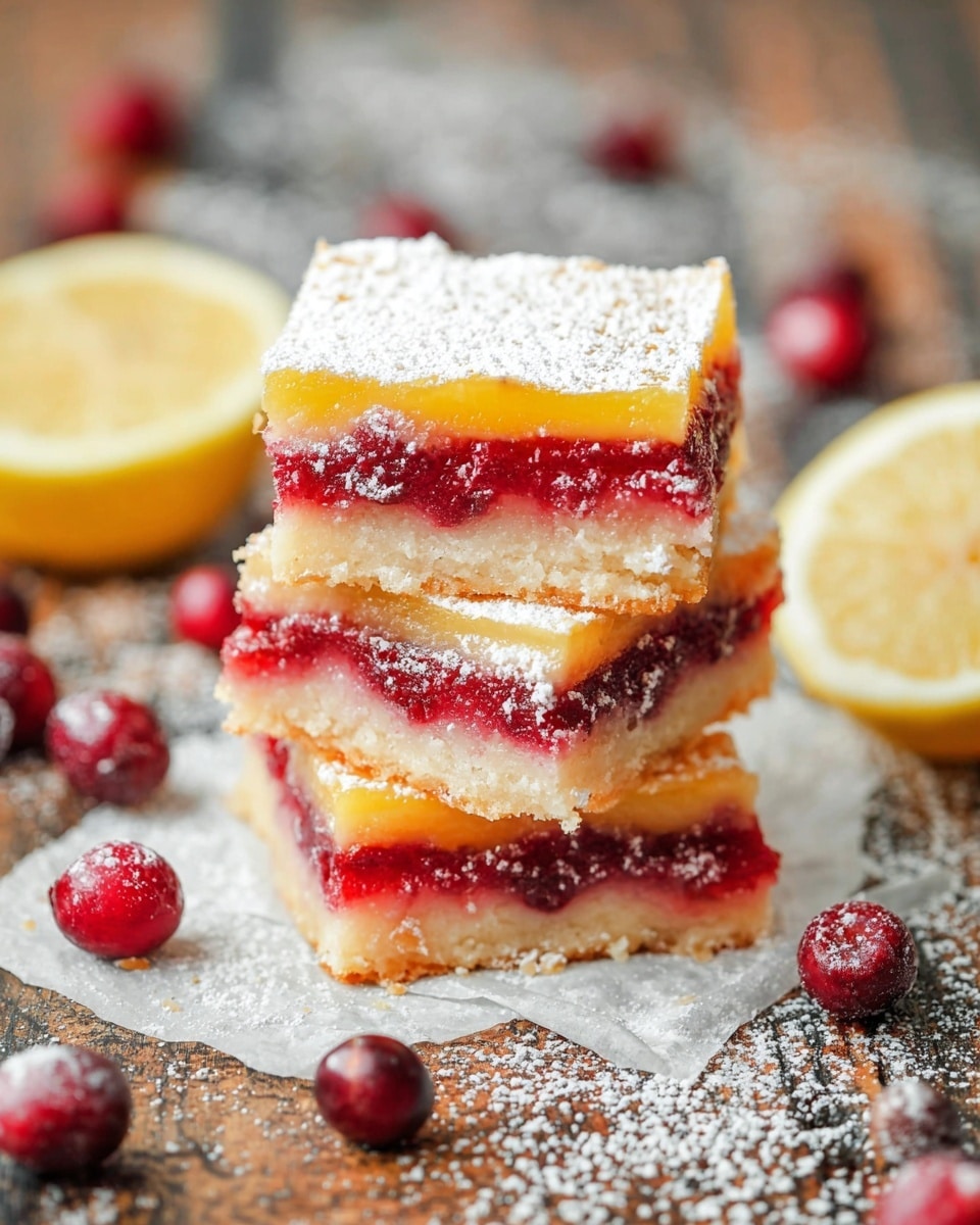 A stack of three square lemon and cranberry bars sits on a piece of parchment paper on a rustic wooden table with powdered sugar sprinkled over them and the surface. Each bar has three visible layers: a pale golden crust at the bottom with a slightly crumbly texture, a thick, bright red cranberry layer in the middle that looks juicy and slightly chunky, and a smooth, glossy, yellow lemon layer on top. The top lemon layer is dusted lightly with powdered sugar. Around the stack, there are fresh whole cranberries and a half lemon with the inside facing the camera. The whole scene is on a white marbled texture. Photo taken with an iphone --ar 4:5 --v 7