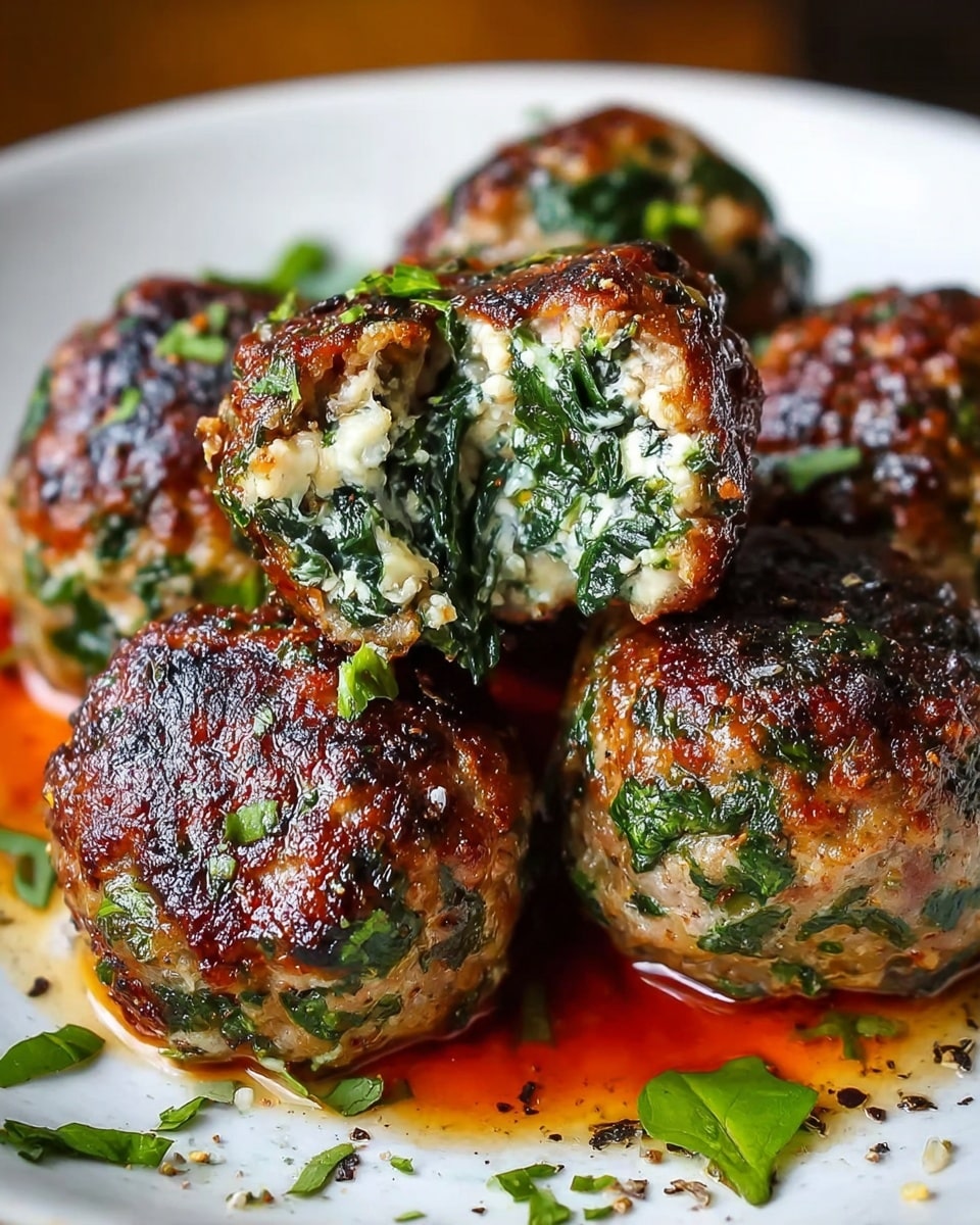The image shows a close-up of several browned meatballs on a white plate, each with a crispy, slightly charred outer layer with visible green herbs baked inside. One meatball is cut in half, revealing a soft inside filled with green leafy spinach mixed with creamy white cheese. The plate has a small pool of reddish-brown sauce underneath and scattered bits of green herbs and black pepper around the meatballs. The background has a warm, blurred feel with the focus clearly on the juicy, textured meatballs. photo taken with an iphone --ar 4:5 --v 7
