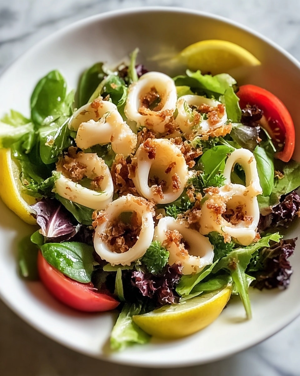 A white plate holds a fresh green salad with a base of leafy greens in different shades of green and dark purple. On top are many white calamari rings, slightly translucent and tender-looking, scattered evenly over the greens. Small pieces of browned, crispy garlic are sprinkled across the calamari, adding texture and a golden-brown color. Around the outer edge of the plate are bright yellow lemon wedges and a wedge of red tomato, adding pops of color. The salad sits on a white marbled surface, creating a clean and fresh look. Photo taken with an iphone --ar 4:5 --v 7