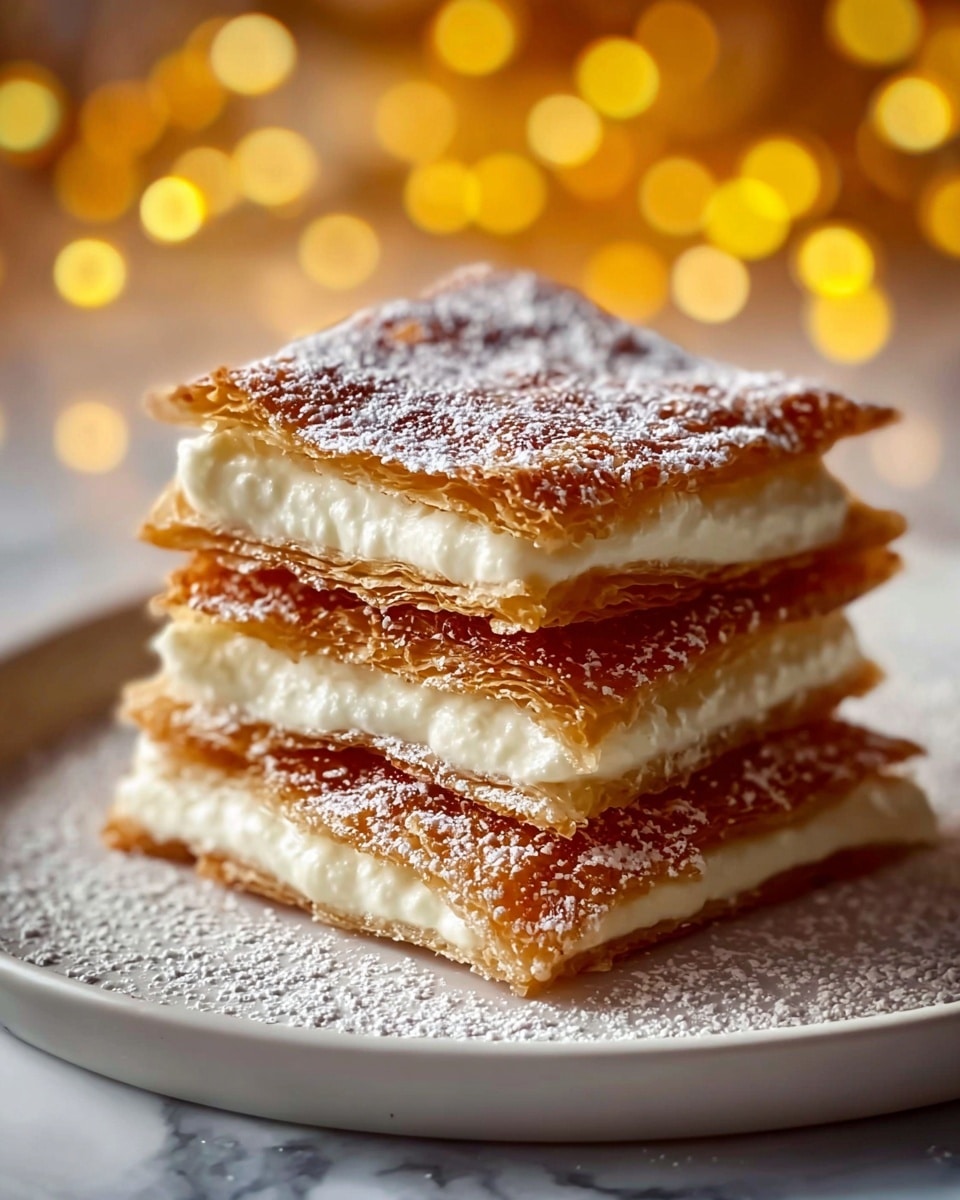 A stack of three thin layers of crisp, golden-brown pastry with a slightly rough texture, each separated by thick, smooth white cream filling. The top pastry layer is dusted with a fine layer of white powdered sugar. The dessert is placed on a round, white plate, with some powdered sugar lightly scattered around it. The background shows soft, warm yellow lights and a white marbled texture underneath the plate. Photo taken with an iphone --ar 4:5 --v 7