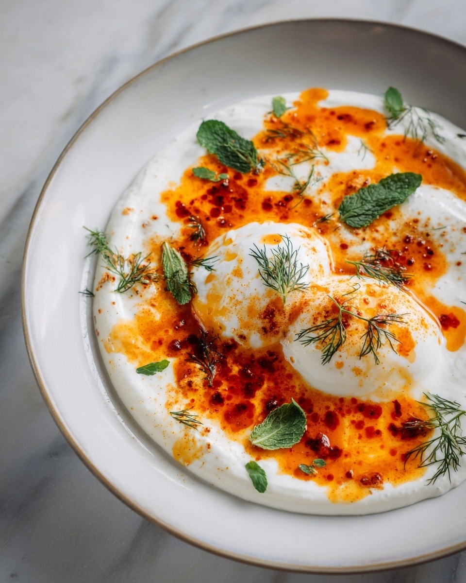 The dish shows two white poached eggs placed side by side on a thick, creamy white sauce spread in a circle on a white plate. The eggs are topped and surrounded by a bright orange-red spiced oil drizzle that creates irregular shapes and patches over the sauce and eggs. Small green herb leaves and delicate dill sprigs are arranged around the eggs, adding fresh green accents. The plate sits on a white marbled surface. photo taken with an iphone --ar 4:5 --v 7