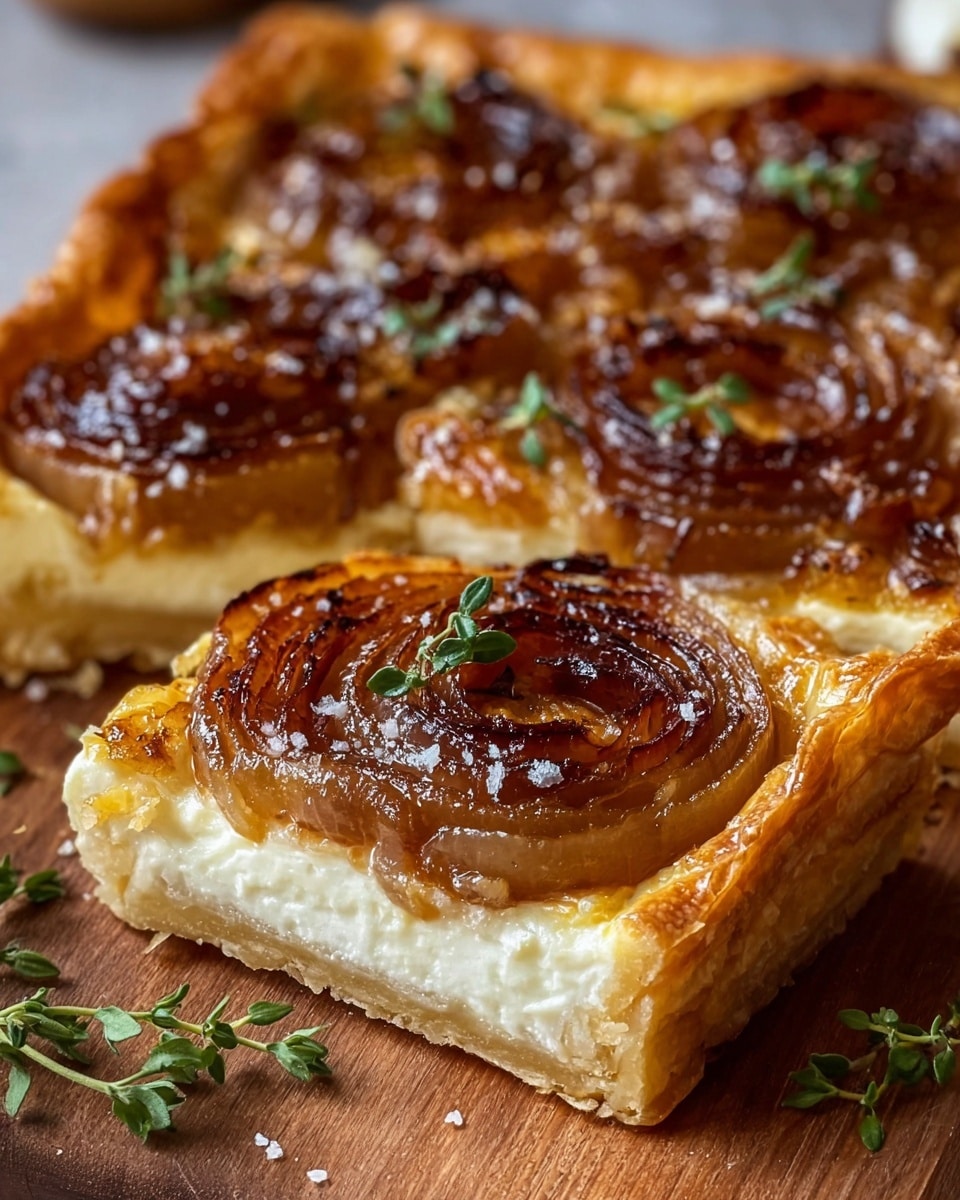 The image shows a square savory tart with three clear layers: the bottom layer is a thick, golden-brown crispy pastry crust; the middle layer is creamy and white, likely a cheese or custard filling; and the top layer is made of neatly arranged caramelized onion circles that are dark amber in color with a shiny texture, sprinkled with coarse sea salt and small green herb leaves. The tart is placed on a wooden board, with some green herbs scattered around. Photo taken with an iphone --ar 4:5 --v 7